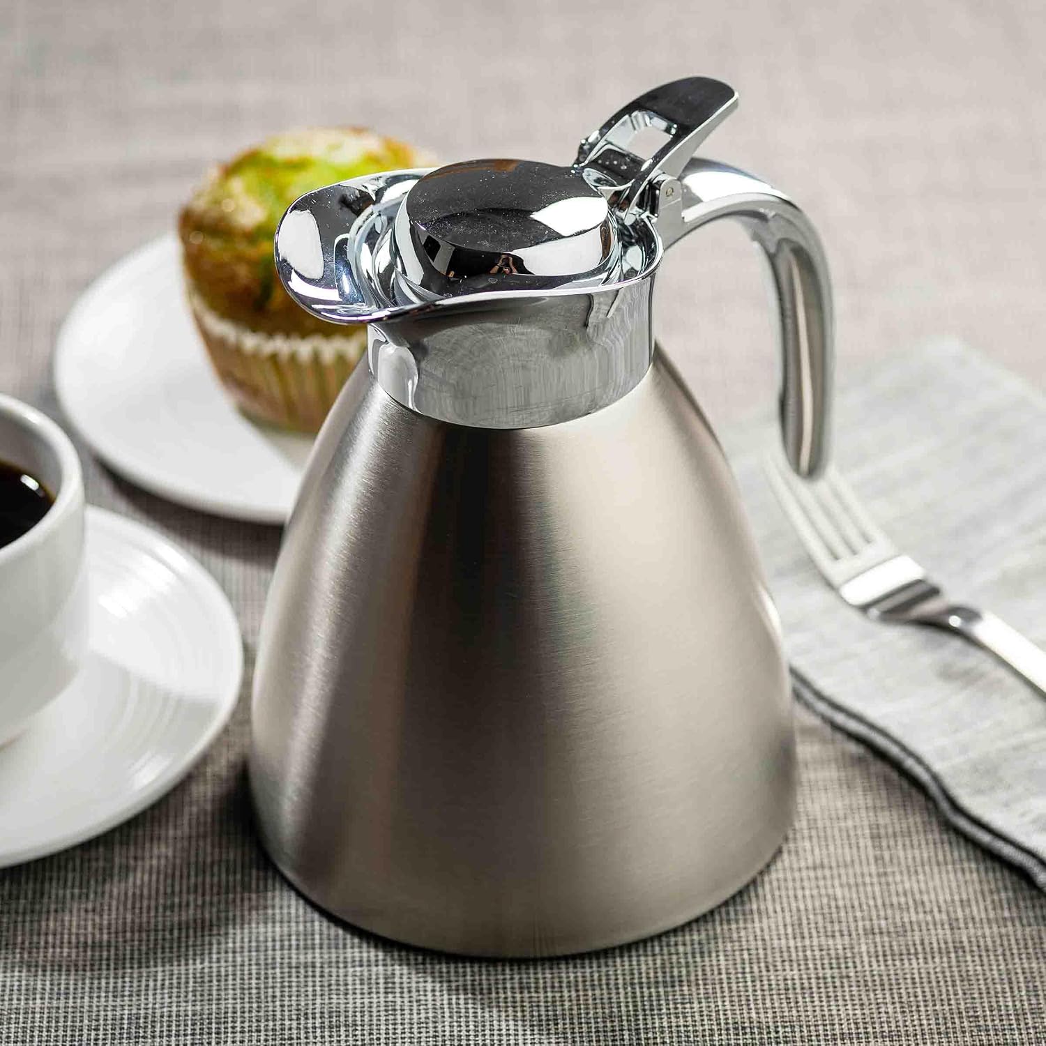 TableCraft Coffee Carafe & Creamer, Brushed 18-8 Stainless Steel, 18 oz, 6.5" x 5.125" x 6.5", Durable Beverage Server for Table Service