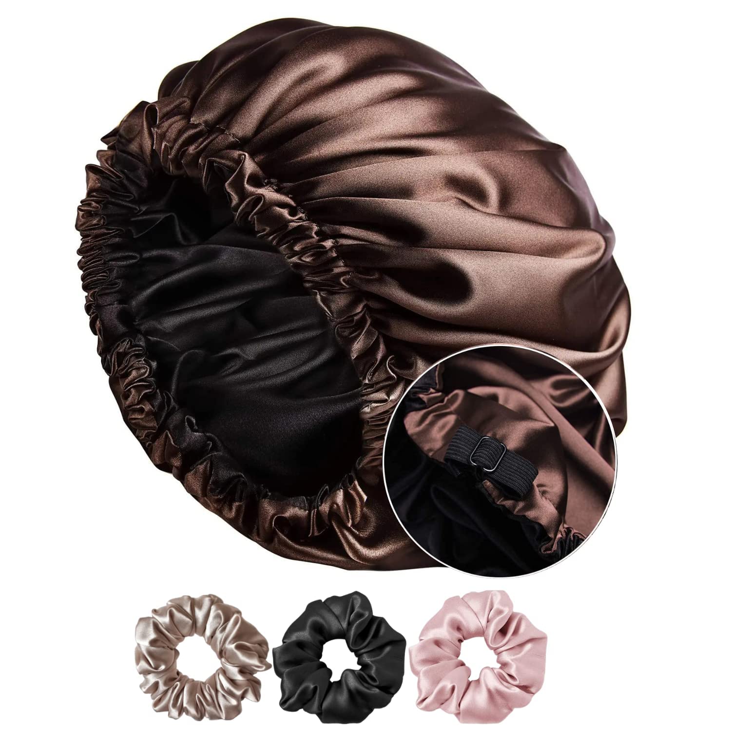 Libea Satin Silk Hair Cap for Sleeping with 3 Satin Scrunchies, Adjustable Satin Bonnet |Satin head cap for sleeping|-image-25