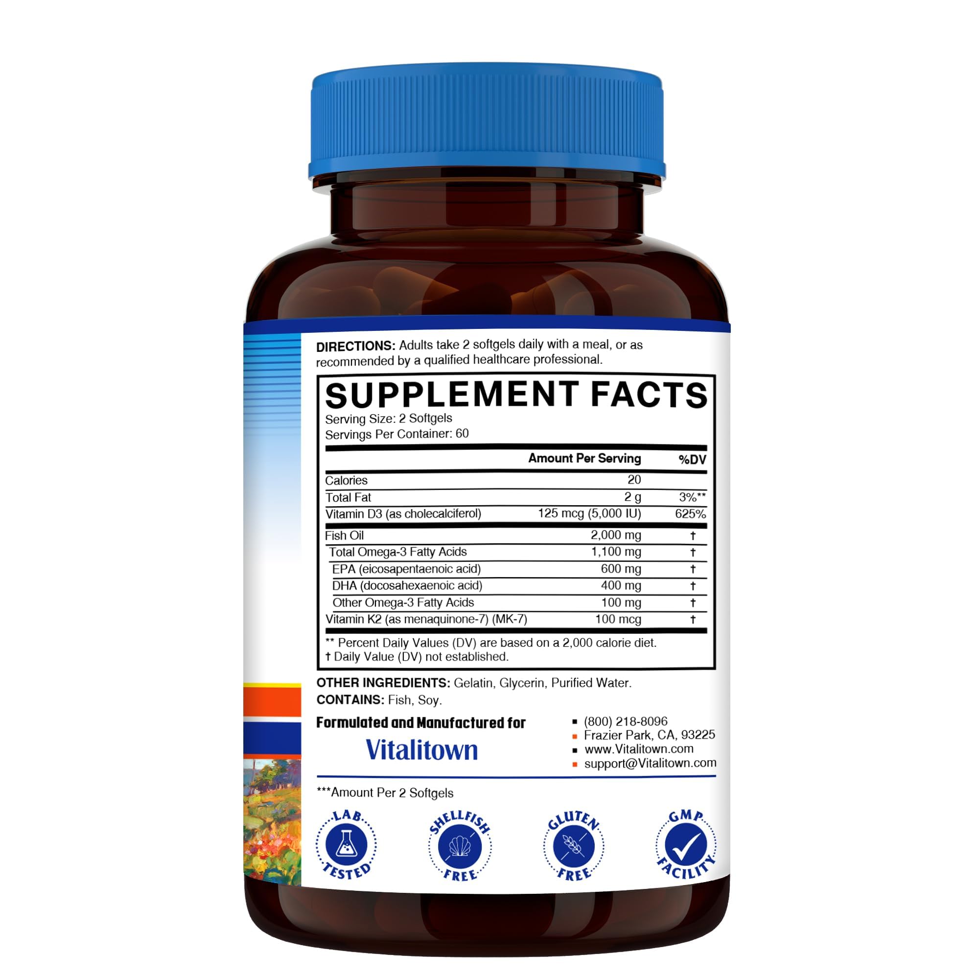 Vitalitown Vitamin D3 K2 with Fish Oil Omega-3 Supplements, 1000mg EPA DHA Omega 3 Fatty Acids from Fresh Wild Caught Fish, Support for Heart & Brain Health, 120 Softgels — Amazon image 2