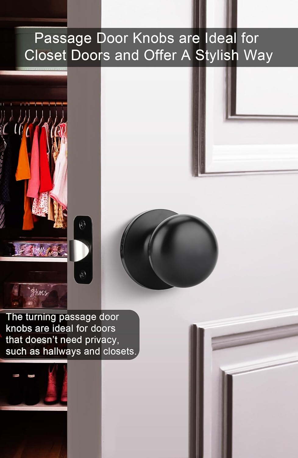 Goldenwarm Black Closet Door Knobs, Passage Door Knobs, Matte Black Door knob Without Lock for Hallway, Closet(5 Pack)