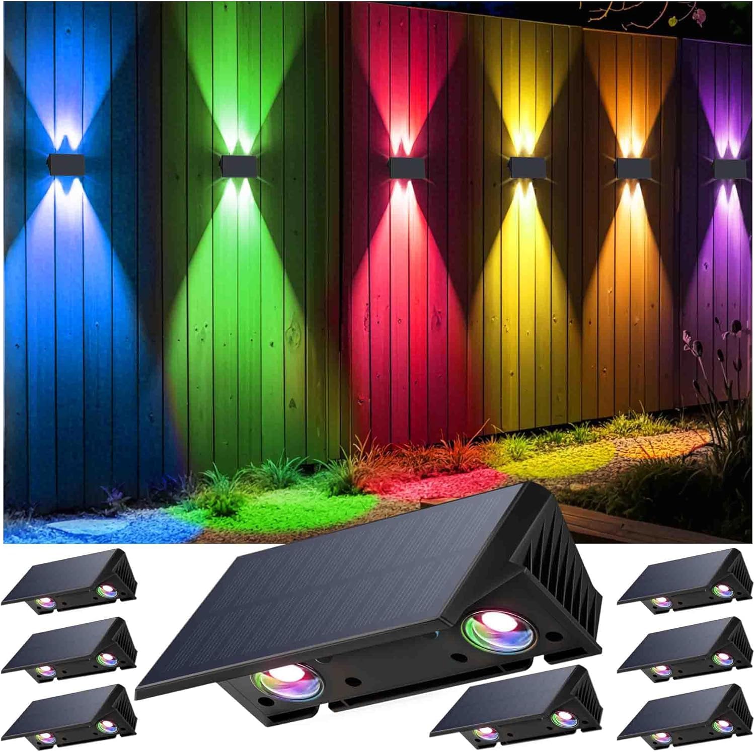 IIRARA Solar Wandleuchte Aussen, Solarlampen für Außen Nach Oben und Unten Beleuchtet, 4 LEDs, Wasserdichte Außenwandleuchten für Garten Balkon Terrasse Treppen Wandleuchten Warm RGB 8er