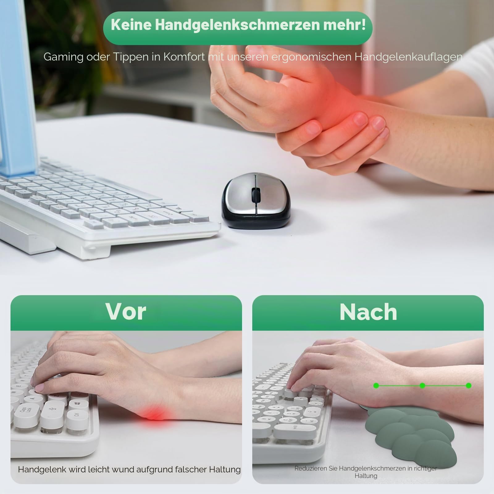 MoKo Wolke Handgelenkauflage, Ergonomisch Weich Cloud Handauflage Tastatur Maus Handballenauflage Set, Verbessertes Rutschfest PU Leder Mauspad für Büro Gaming Computer Laptop, Grün