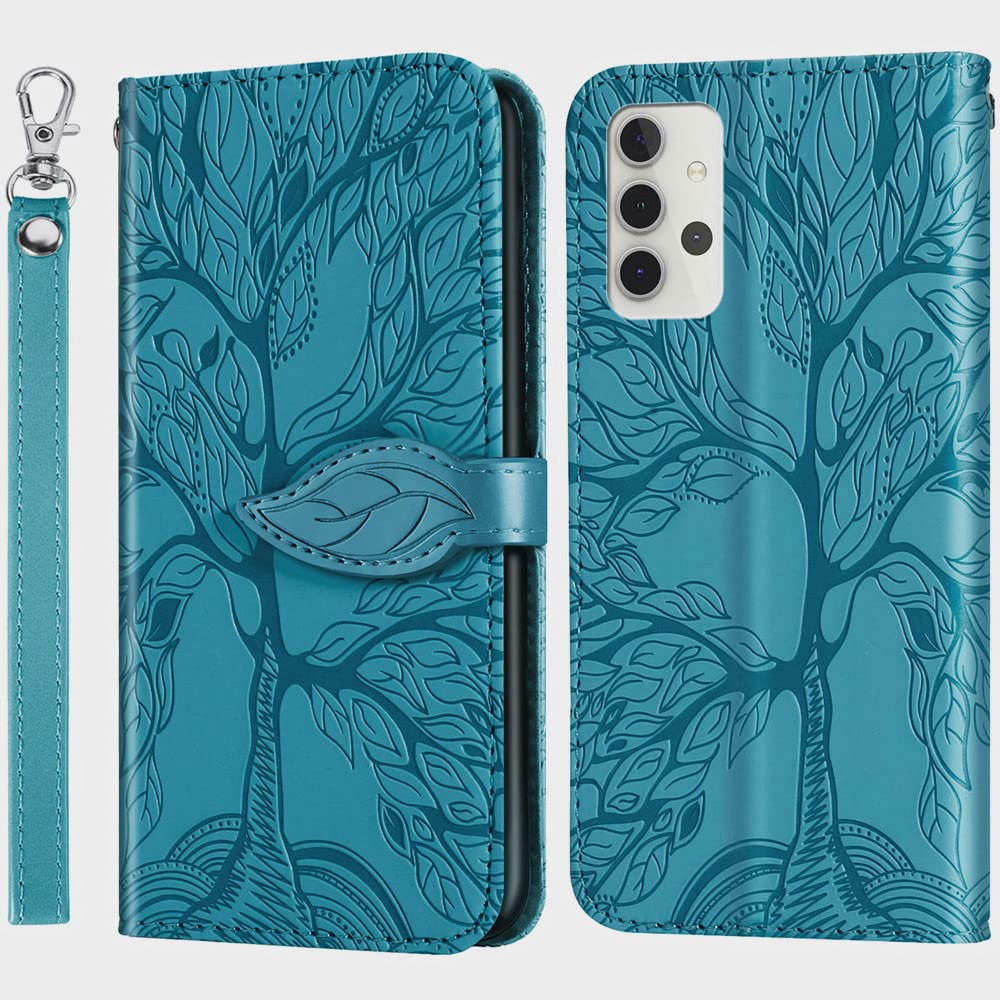 MEUPZZK Samsung Galaxy A32 5G Case, Samsung A32 5G Wallet Case, Embossed Tree Premium PU Leather [Kickstand] [Card Slots] [Wrist Strap] [Folio Flip] [