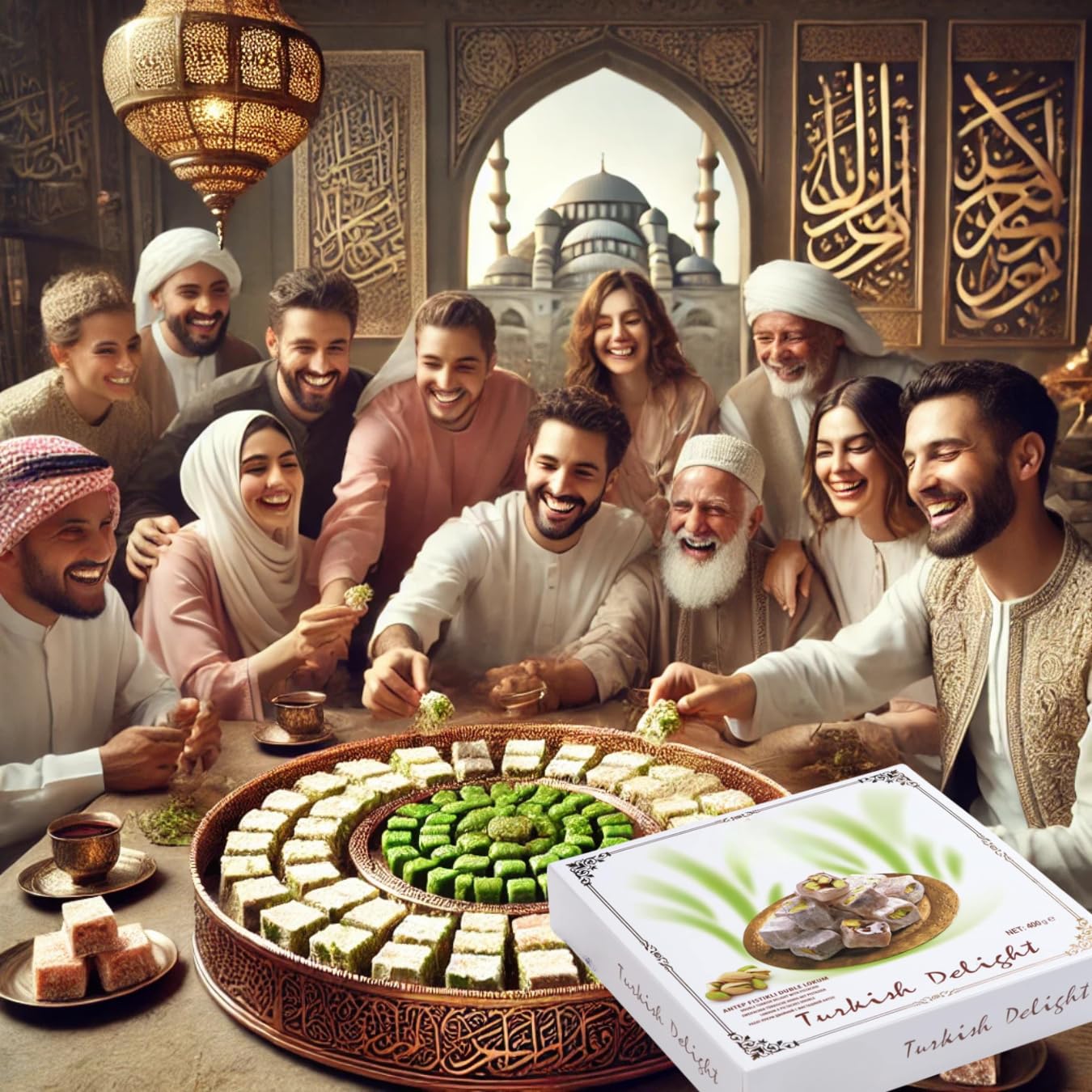 Turkish Ottoman Delight Pistachio Double Turkish Delight (400g | 17.10 oz) - Perfect Ramadan & Eid Gift Box, Ideal for Iftar, Pistachio Flavor - Pack Of 4