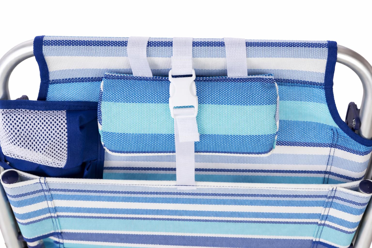 ARW - Silla de Playa Plegable con Bolsillo Lateral, 5 Posiciones Reclinables, Estructura de Aluminio Ligera, Cojín Reposacabezas, Asas Mochila y Cierre Clic, Soporta 110 kg (Rayas Azules 1 Unidad) — view 8