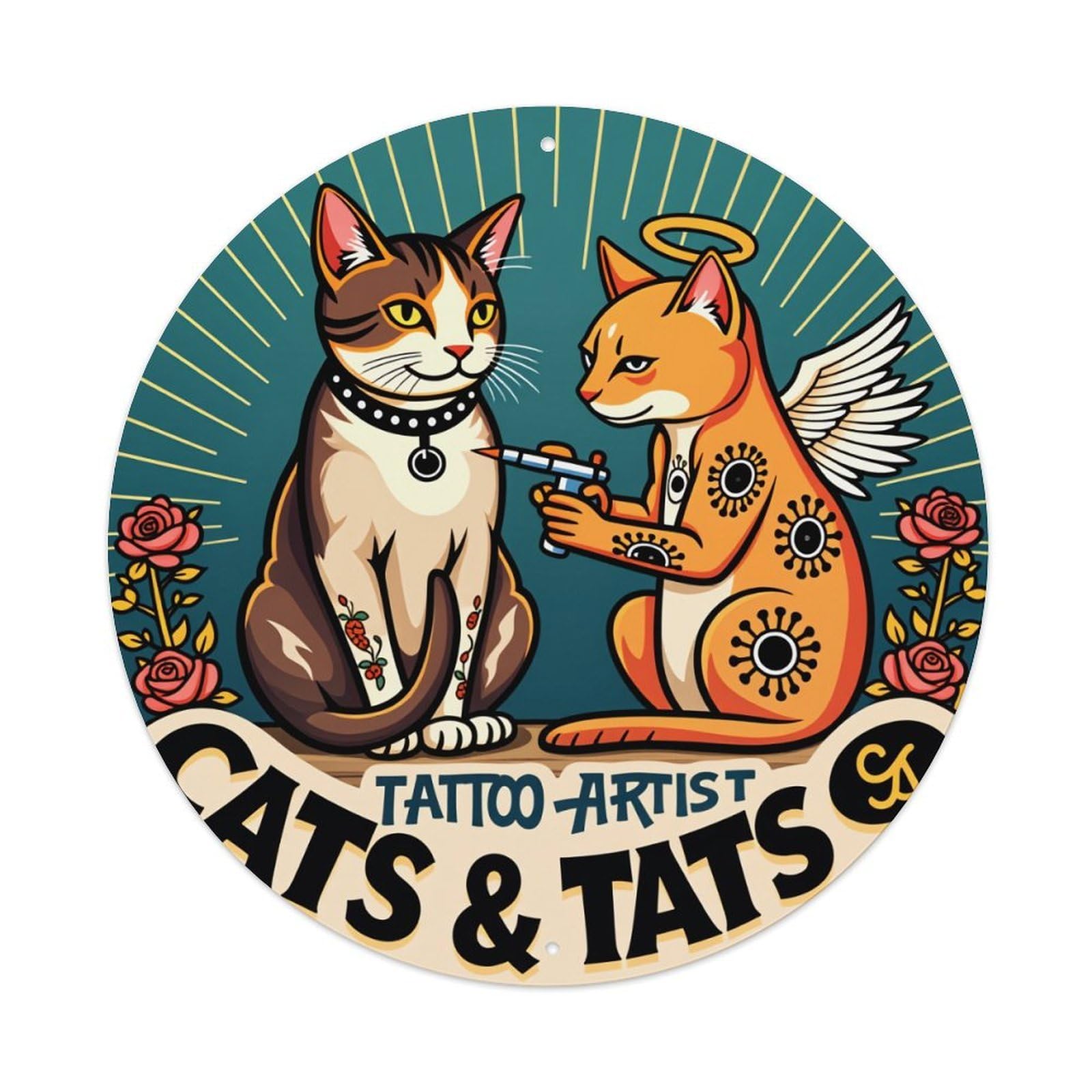 Cats Tattoo Artist Angel Wings Metal Tin Sign Vintage Garden Bedroom Cafe Bar Man Cave Home Wall Decor Metal Poster 8x8 inches
