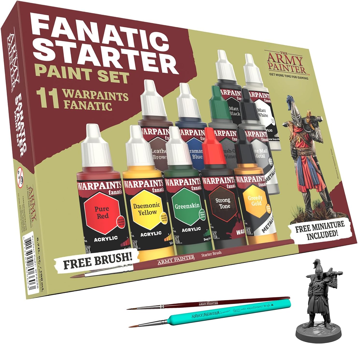 Warpaints Fanatic: Starter Set Combo, 11 paints: 7 acrylic colours, 2 Metallics, 1 Wash, 2 Brushes & 1 Free Miniature figure, For models and miniature painting