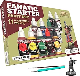 The Army Painter Warpaints Fanatic: Conjunto para iniciantes, 11 tintas: 7 cores acrílicas, 2 metálicas, 1 lavagem, 2 pincéis e 1 figura em miniatura grátis, para modelos e pintura em miniatura