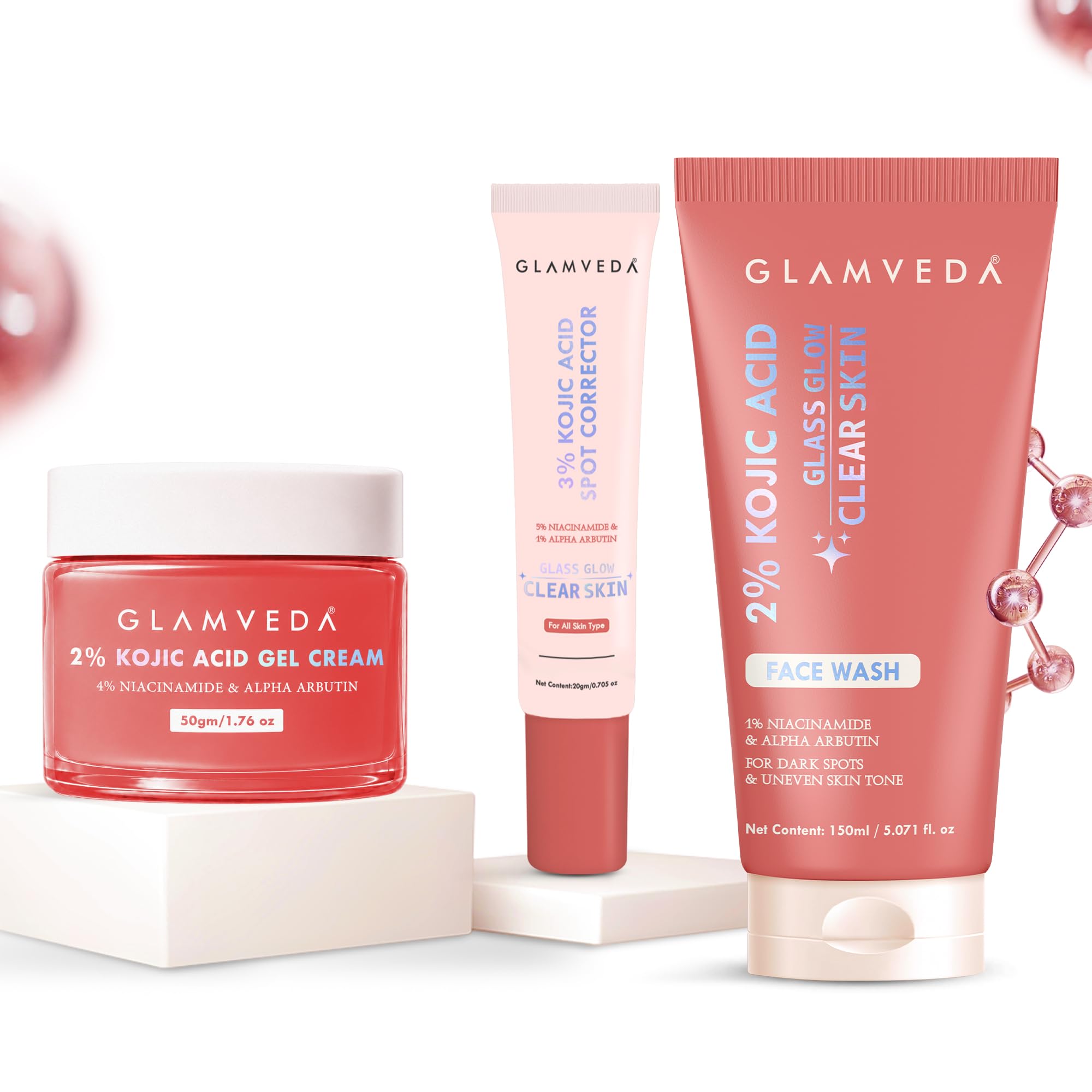 Glamveda 2% Kojic Acid Step 3 Skincare Set – Facewash, Spot Corrector & Cream for Hyperpigmentation, Melasma, Acne Scars & Skin Discoloration | Brightens Dull Skin| Refines Texture & Evens Complexion