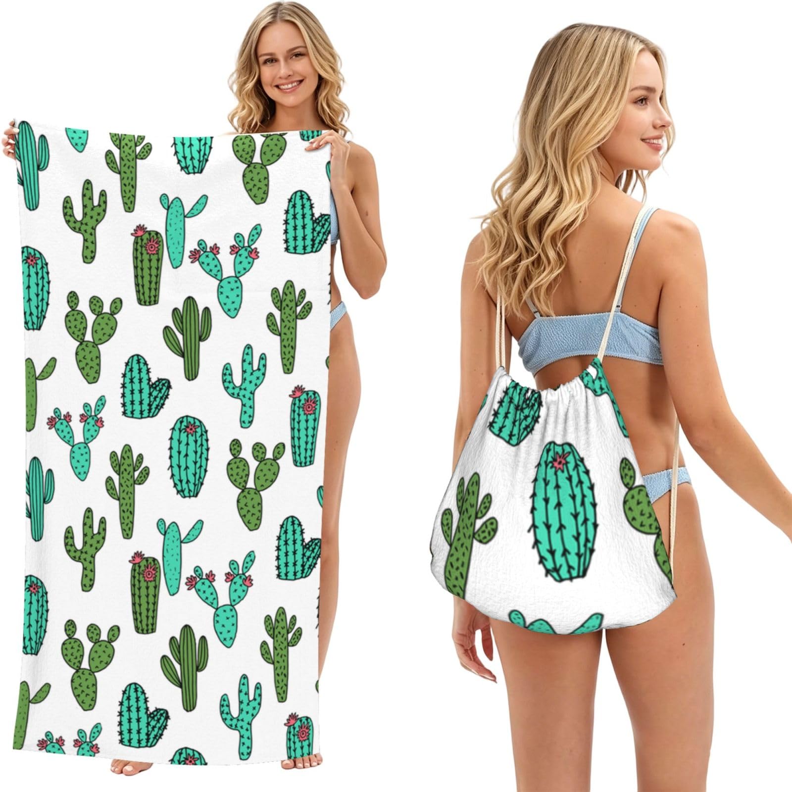 Poadnly As Picture Cactus Cacti Cactus Design, 2 In 1 Packable Towel Bag, Beach Towels With Drawstring Backpack For Travel Holiday Camping