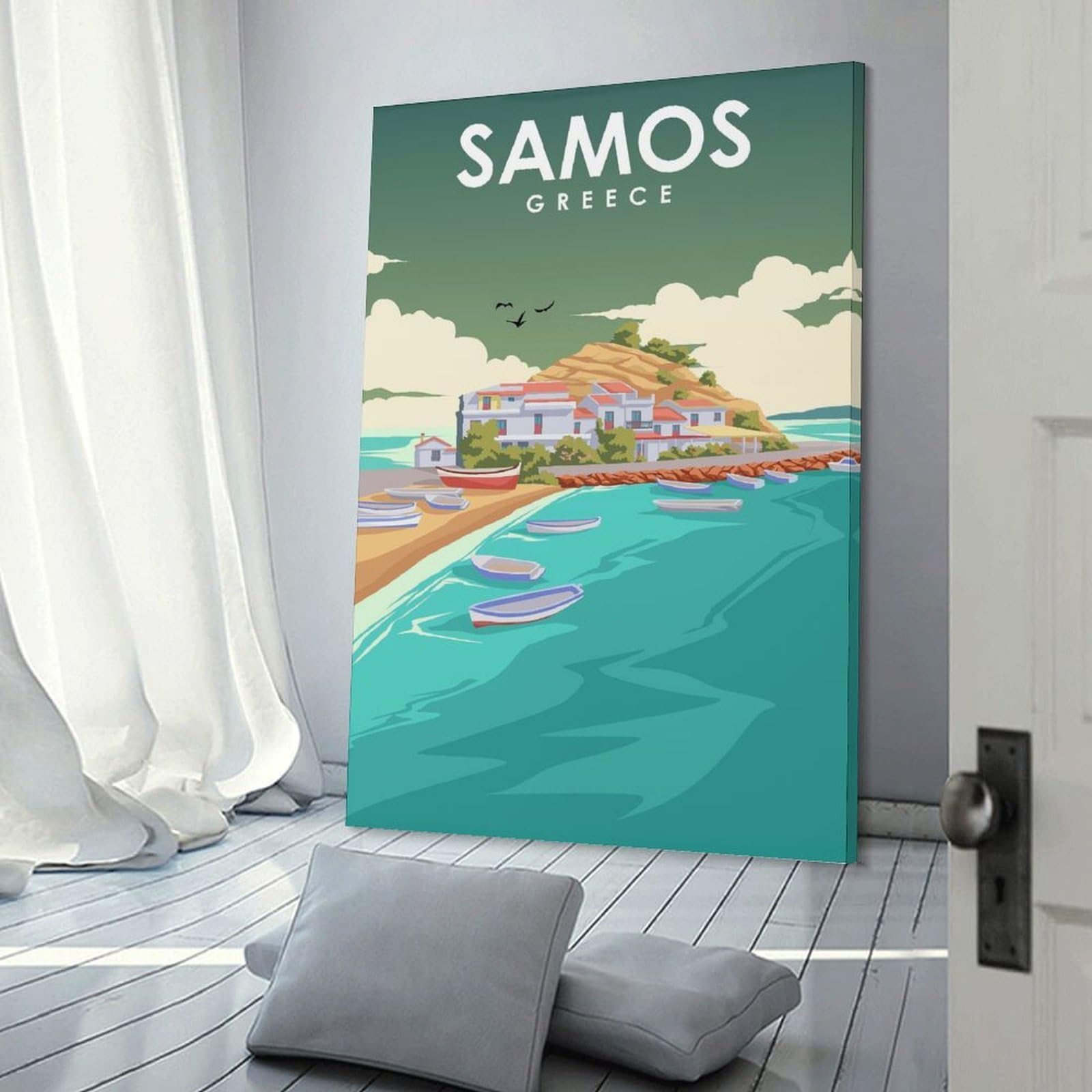 Junmoney Samos Greece Island Art Hanging Wall Art 16x24inch(40x60cm), for Study, Office Or Focused Interiors, Wall Art That Adds Style to Work Areas