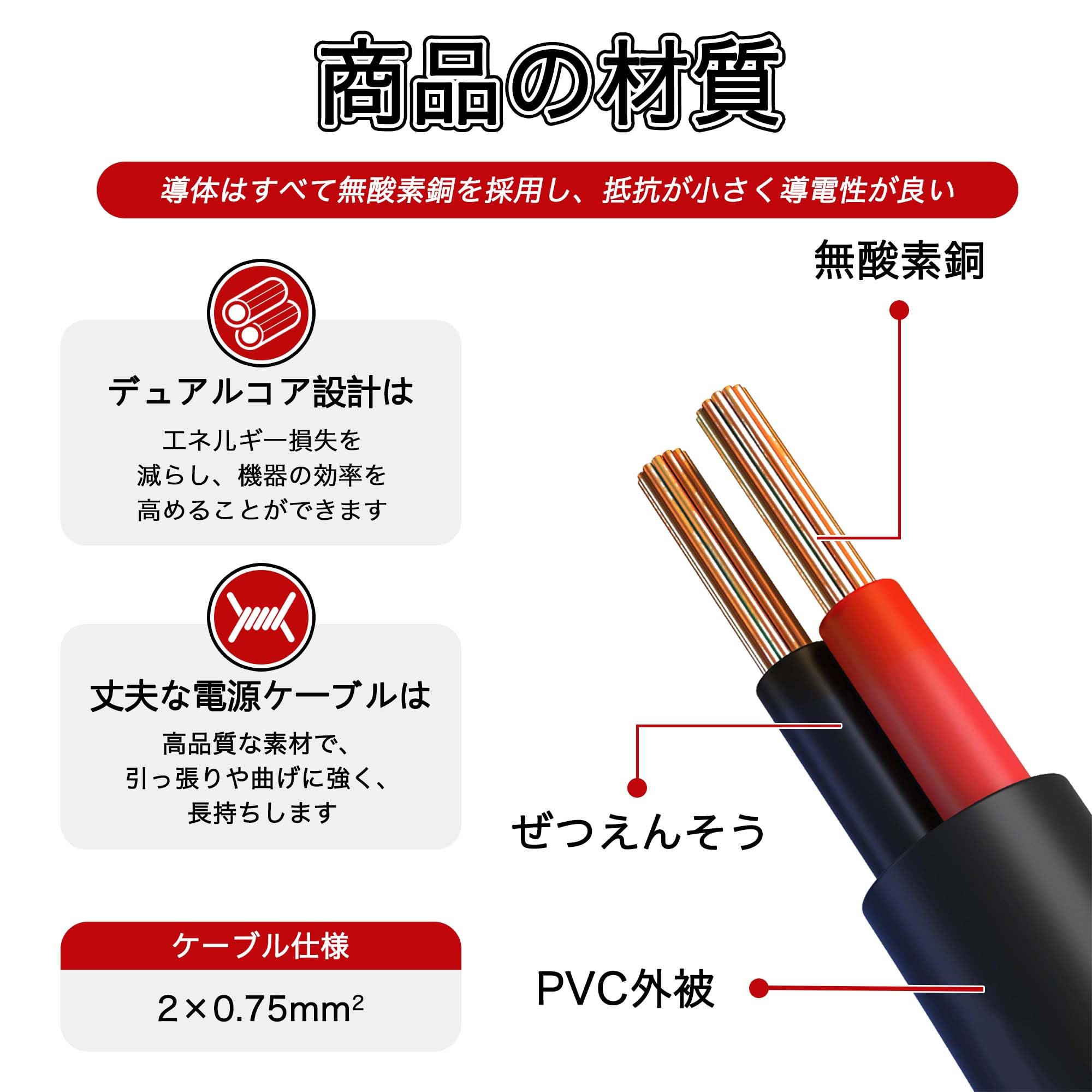 Amazon.co.jp: 電源ケーブル AC電源ケーブル アース線付き 1.8m
