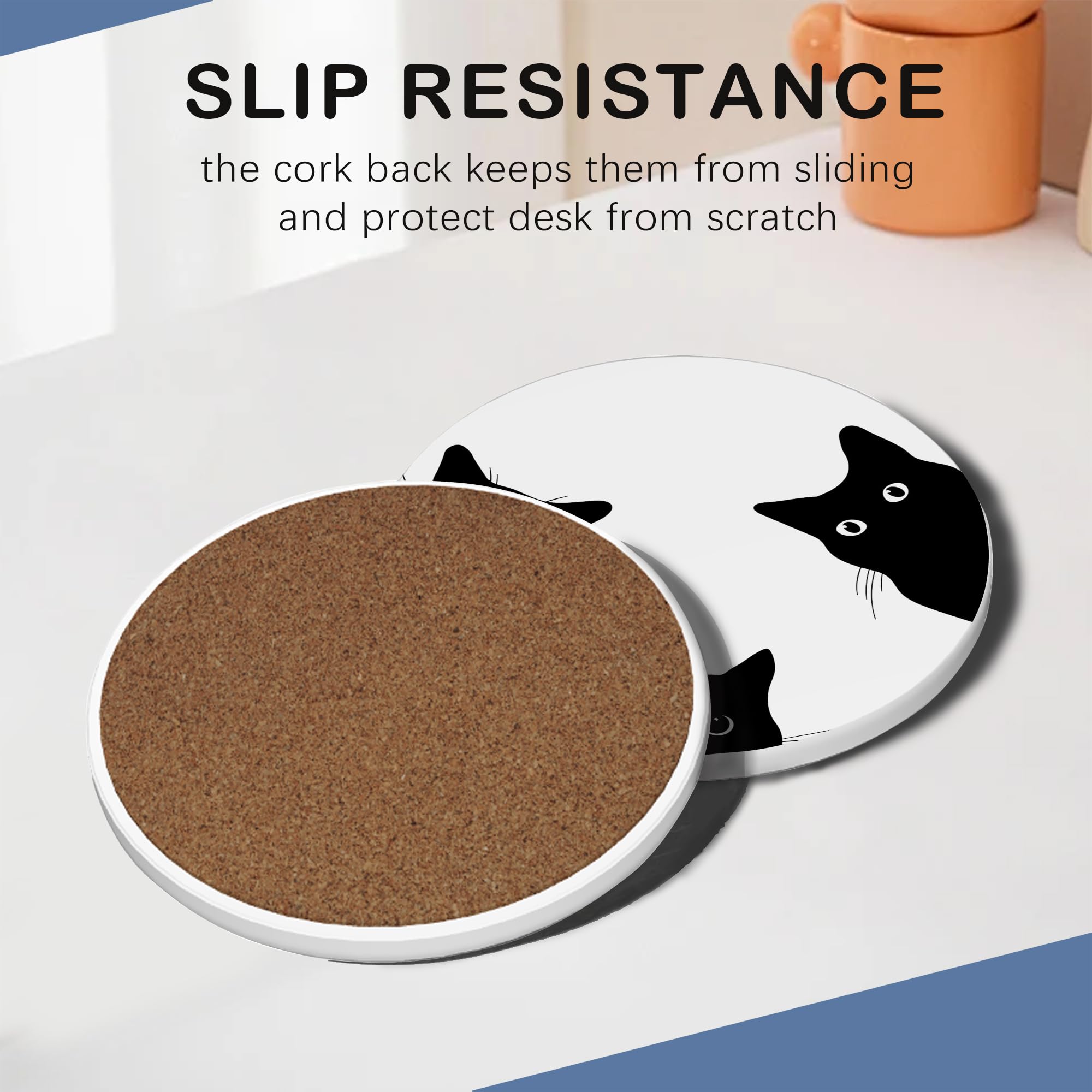 Cute Black Cat Set of 6 Coasters Absorbent Ceramic Drink Mats with Cork Base & Metal Holder, Spill Protectors for Mugs/Cups - Image 2