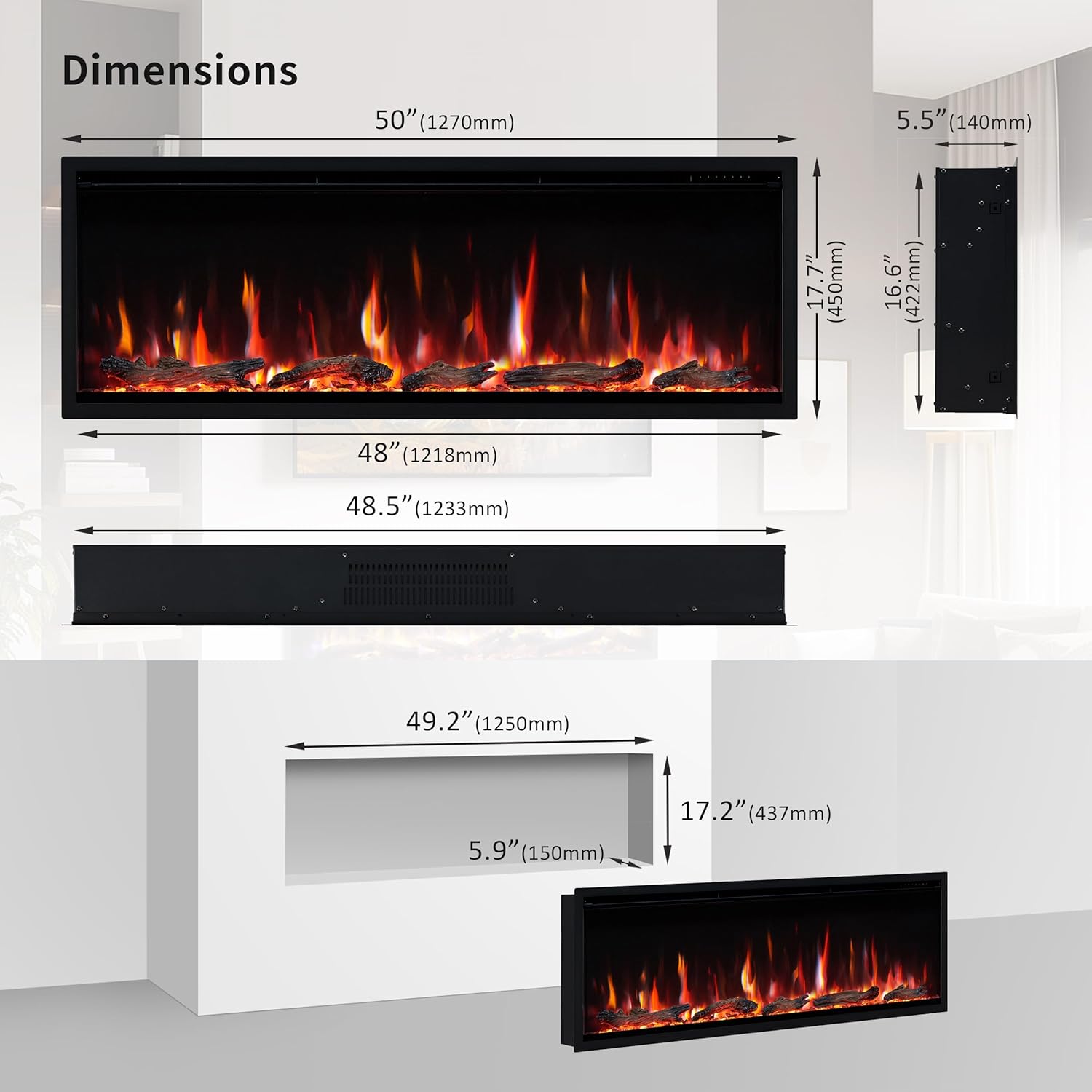 Diagram showing the dimensions of the PuraFlame Herman 50-inch electric fireplace and its recessed opening requirements