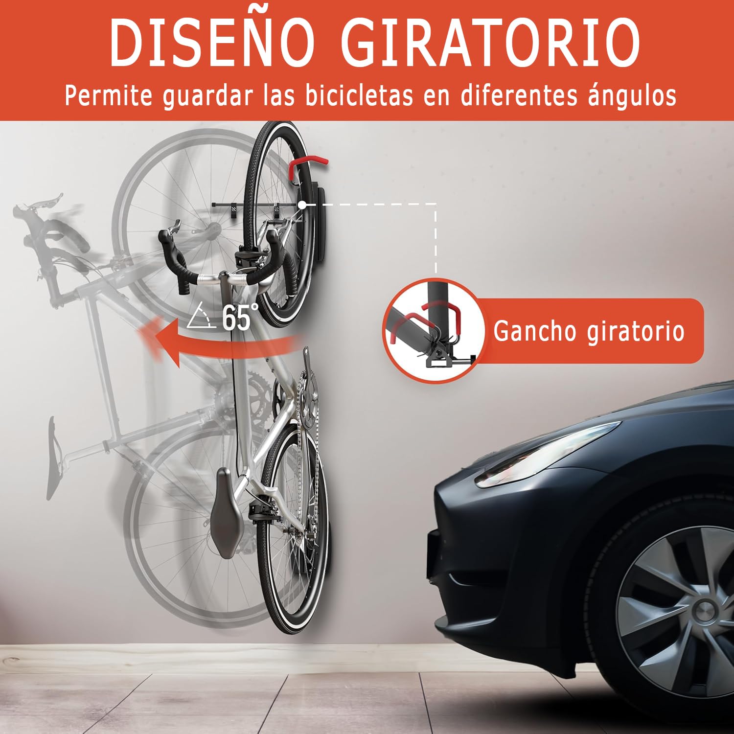 BeWise Soporte Bicicletas Pared Giratorio - Colgador Bicicleta Pared con Capacidad de 35 Kg - Soporte Pared Bicicleta con Tornillos de Montaje en Pared Incluidos - Garantía de por Vida