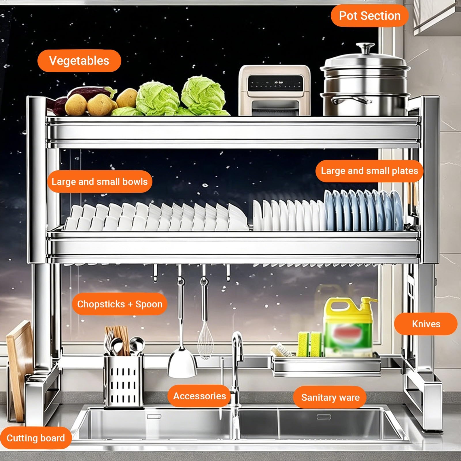 Escurridor de platos de acero inoxidable 304, extensible de 2 niveles con soporte para utensilios, ideal para platos, vasos y cubiertos, diseño que ahorra espacio