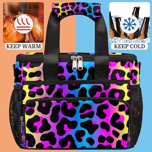 Vista 5 de Linda bolsa de almuerzo aislada con estampado de leopardo arcoíris para adultos, grande, reutilizable, a prueba de fugas, bolsa de almuerzo