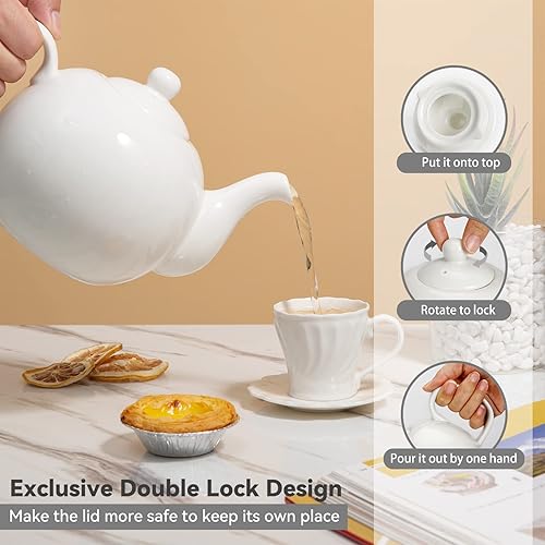 Miniatura 4 de KitchenTour - Ollas de té de porcelana inglesa -37 onzas para hojas sueltas y florecientes, olla de cerámica de porción fina con agujeros de colador