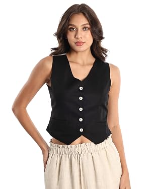 Womens Linen Blend Cropped Vest Sleeveless V Neck Two-Tone Button Down Waistcoat Vest