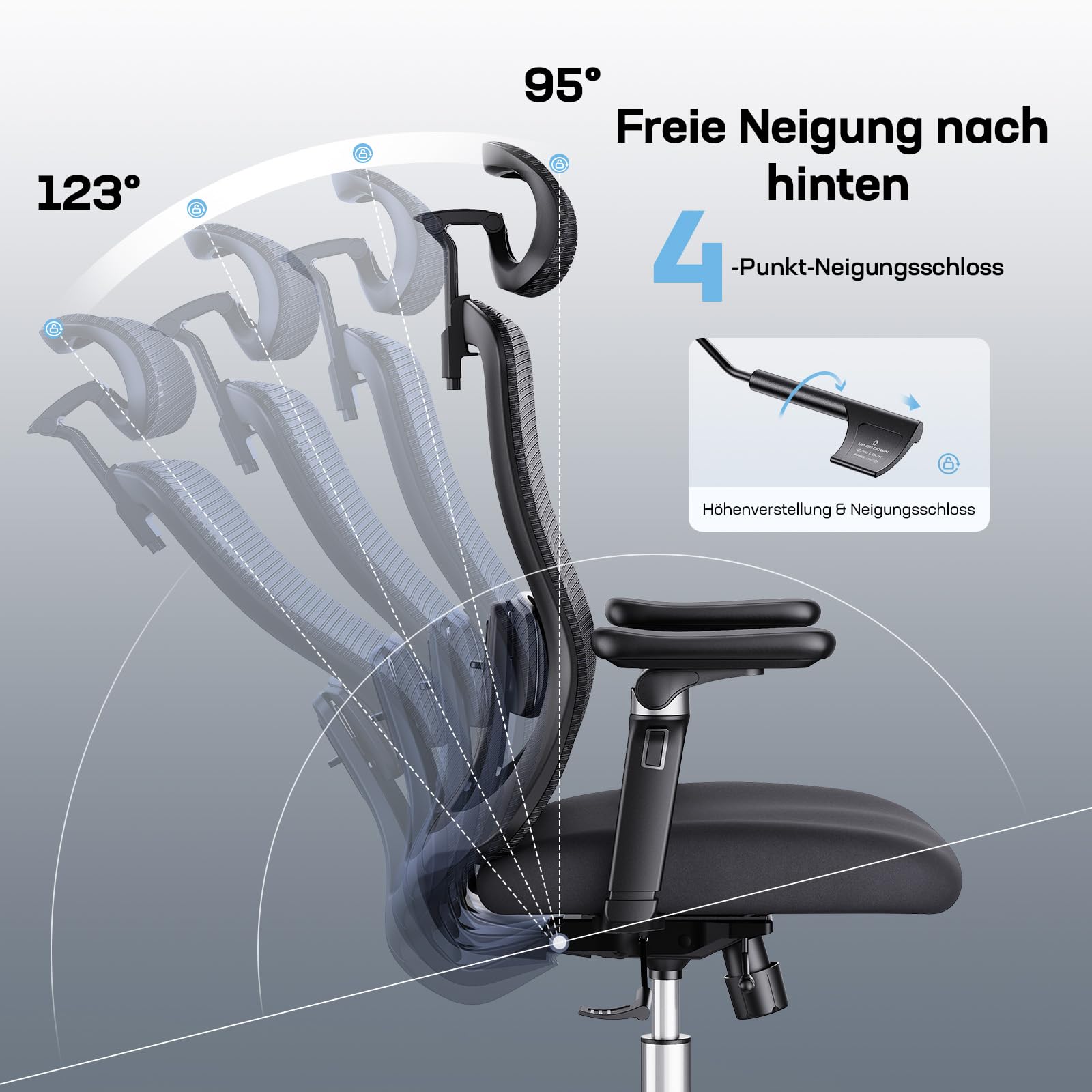 Marsail Bürostuhl mit 6D-Armlehnen, 3D-Verstellbarer Kopfstütze, Schiebesitz, Lendenwirbelstütze, 4-Position-Neigungsschloss – hoher und großer Schreibtischstuhl mit Kapazität von 150kg, Schwarz