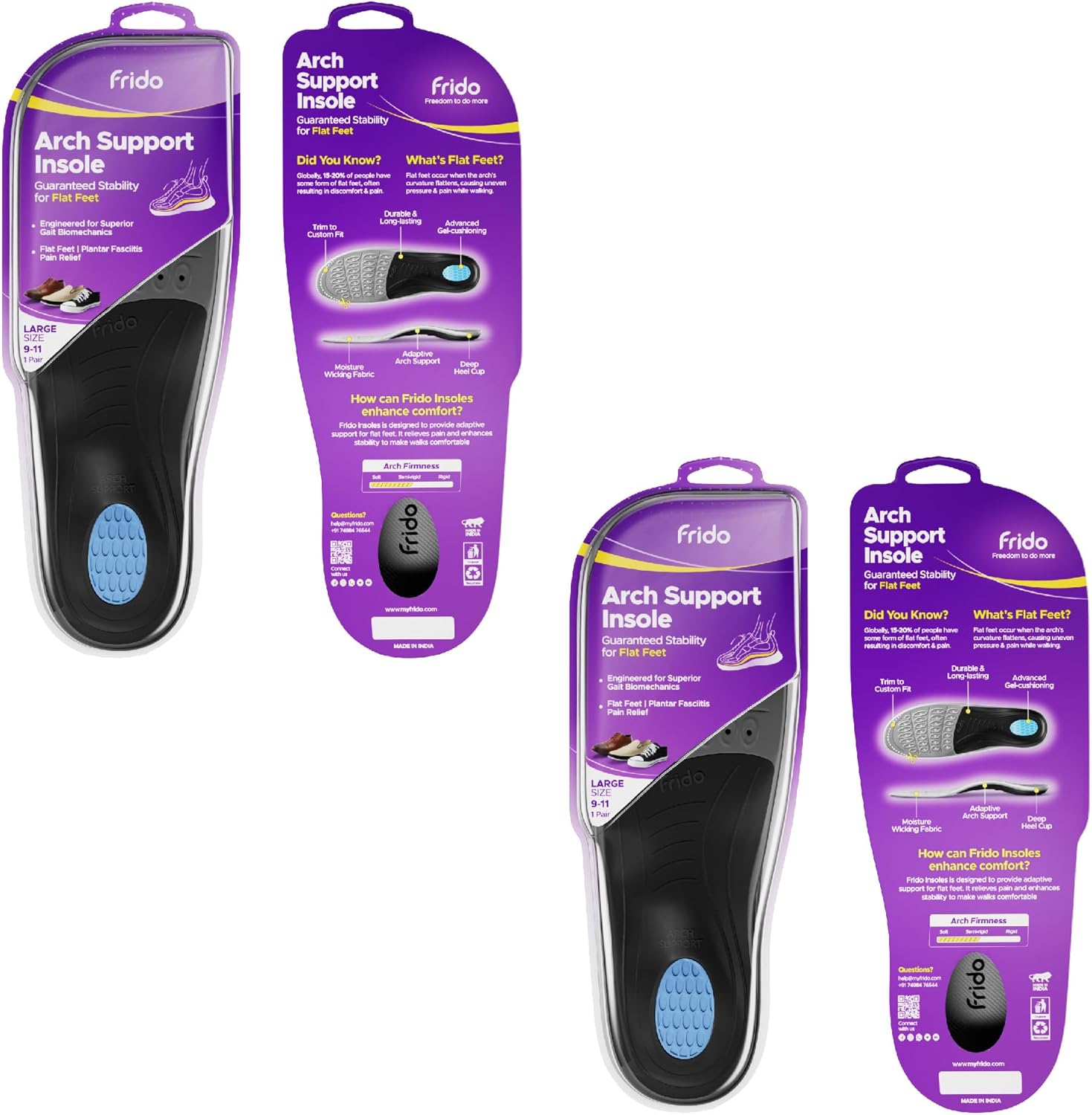 Frido Arch Support Insole for Flat Feet, Relieves Feet Pain, Plantar Fasciitis & Heel Spurs, Orthotic Inserts for Enhanced Stability, Comfortable & Trimmable Shoe Inserts, Large (9 to 11 UK) Pack of 2