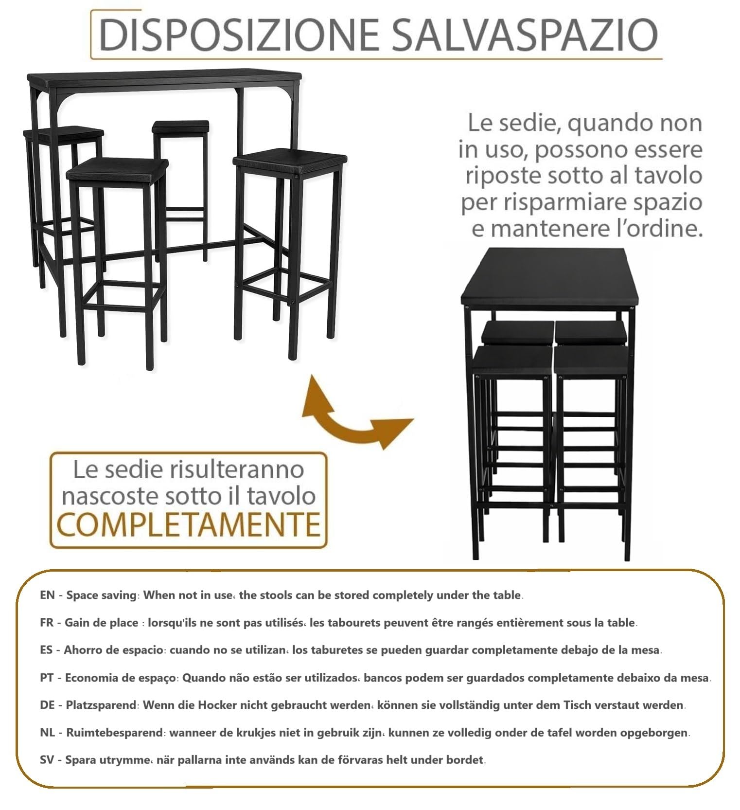 yelloo - Set tavolo Alto e spazioso con 4 sgabelli bar per Cucina, tavolo da cucina, adatto da interno o esterno solo sotto gazebo tenda terrazza (PARIS 110x66 cm Nero)