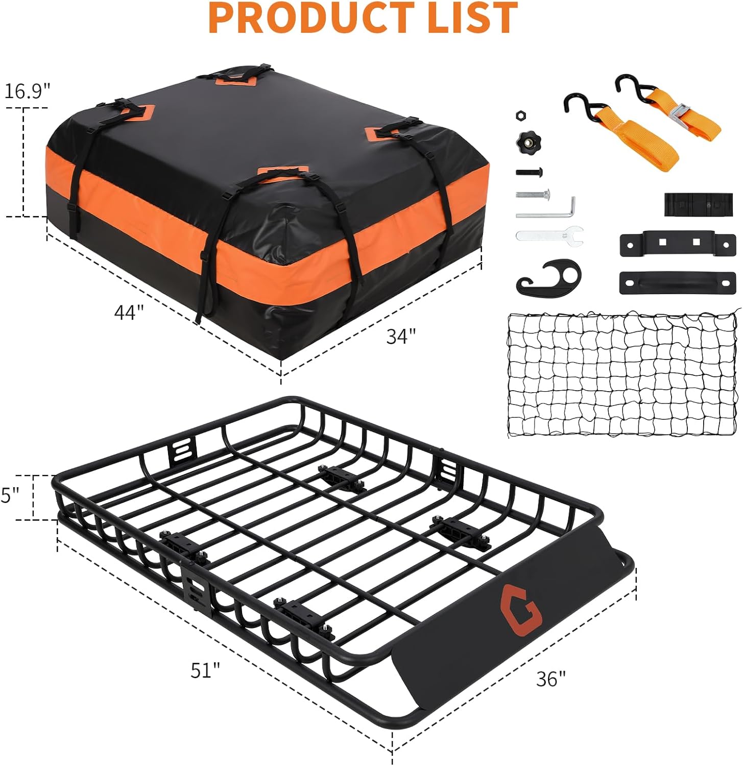 GarveeLife 51’’x36’’ Roof Rack Basket,Heavy Duty Universal Car & Truck Cargo Carrier with Net and Waterproof Cargo Bag, Luggage Holder with Extension for Universal,200 LB Capacity