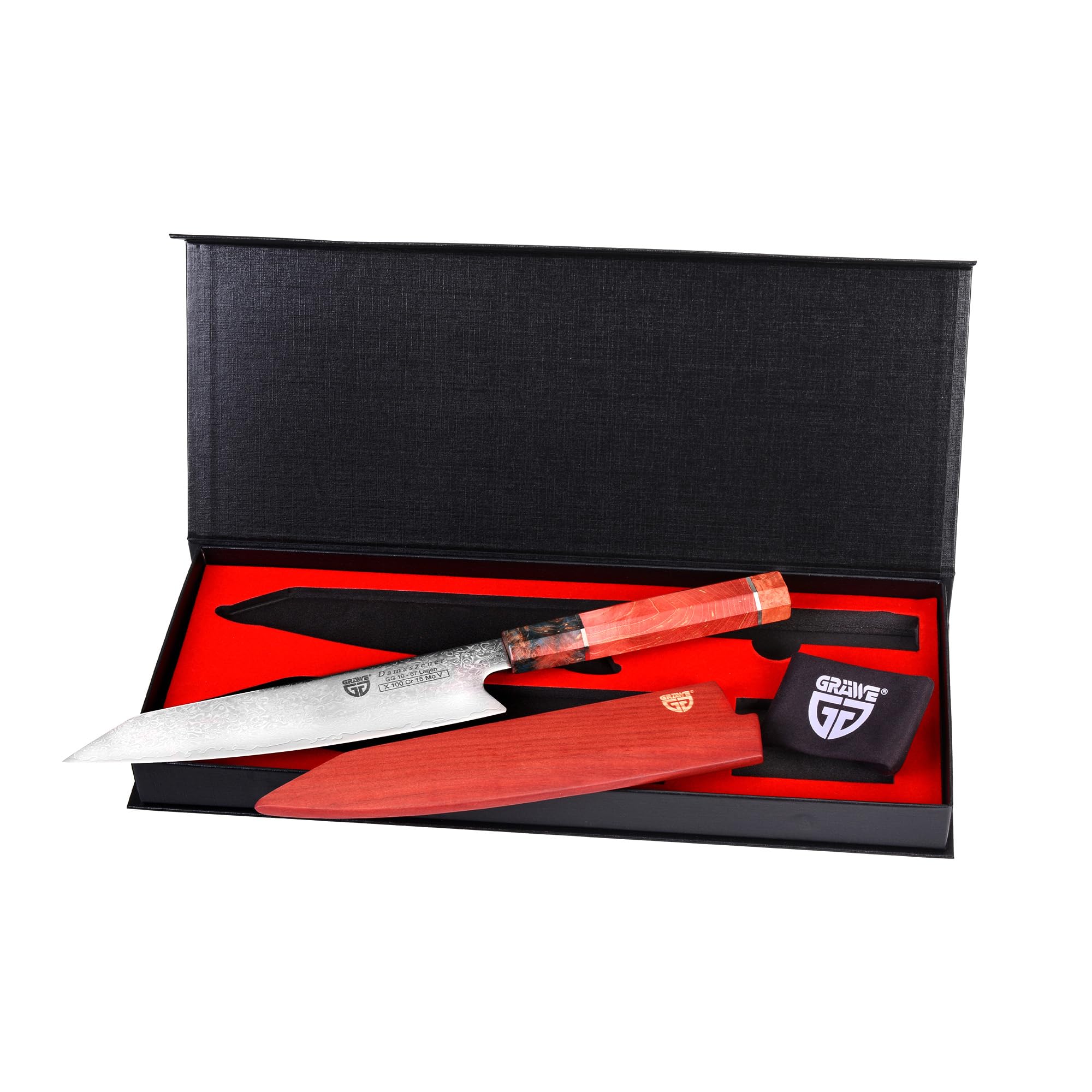 GRÄWE Damastmesser Signature, Großes Messer aus Damaststahl, Super Scharf, Damaszener Santokumesser, Damast Küchenmesser, 35 cm Lang, Kochmesser mit Geschenkbox, Hellbrauner Griff