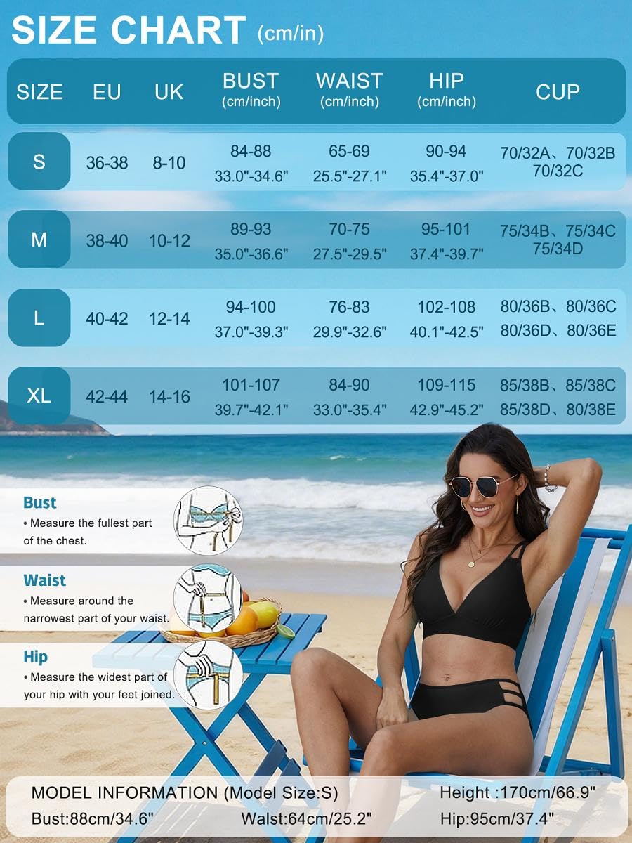 Mujer Bikini Sexy Traje de Baño 2 Piezas Cuello en V Bikinis Brasileño con Triángulo Bañadores Bikini Top y Braga Cintura Alta Conjunto de Bikinis Playa — view 6