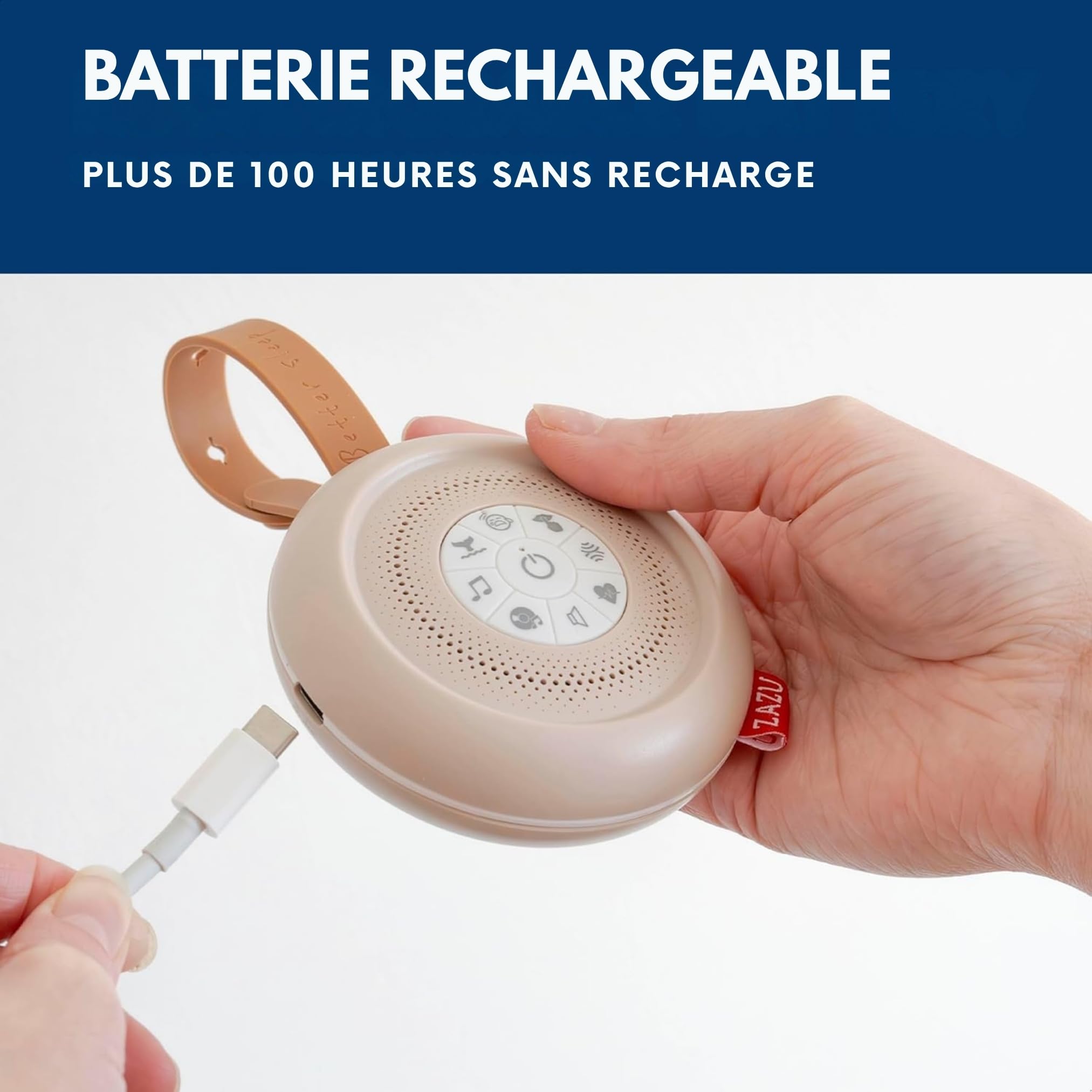 ZAZU Suzy Deluxe – Machine à Bruit Blanc Bébé Rechargeable | 14 Sons Apaisants | Capteur de Pleurs | Minuteur 20 Min | USB-C | Portable | Autonomie 100h
