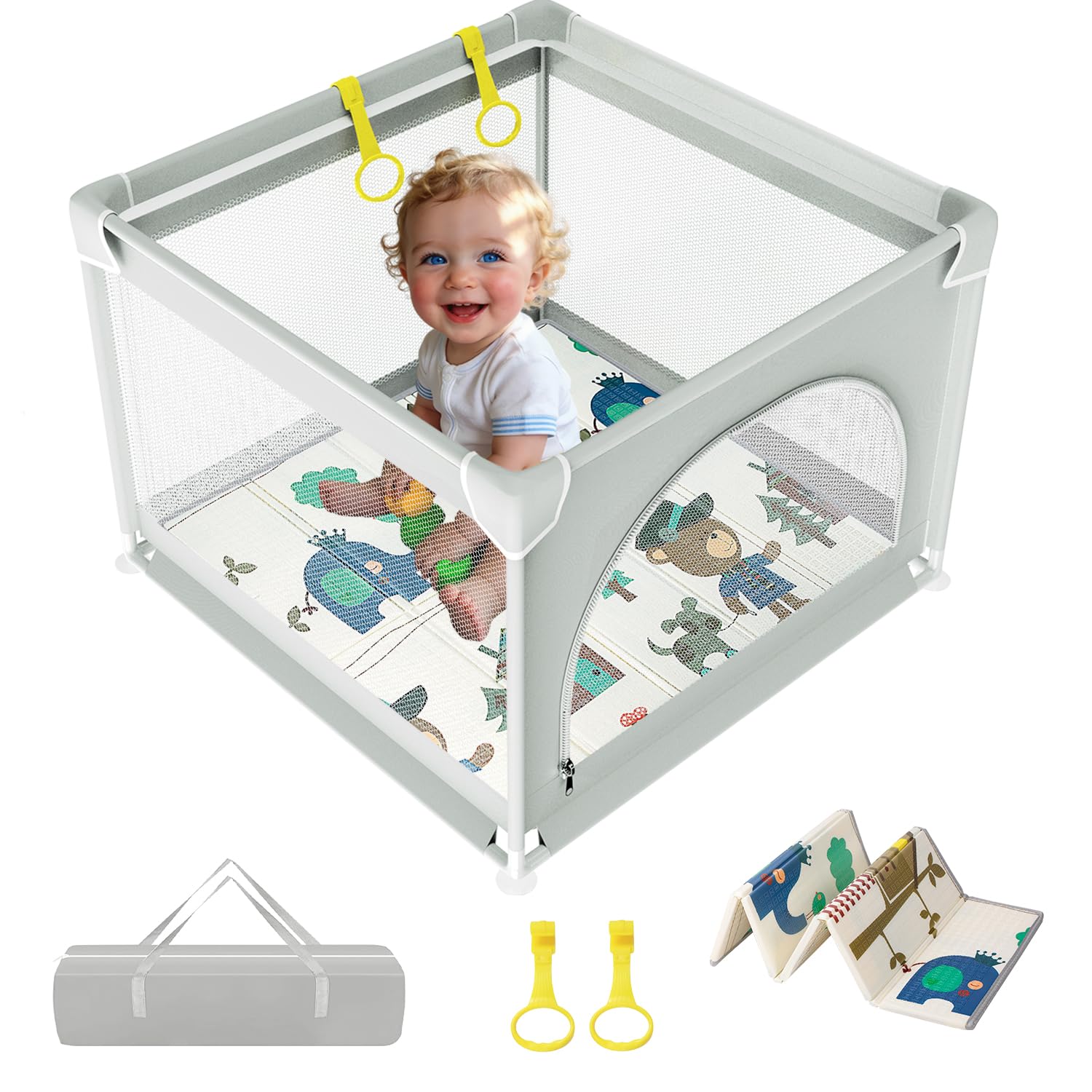 Parque Infantil Bebe con Alfombra,90x90cm Pequeño Corral Bebe | Parque de Juegos Bebe Para Apartmento con 2 Agarraderas,Malla Transpirable,Base Antideslizante,Centro Actividades Seguridad