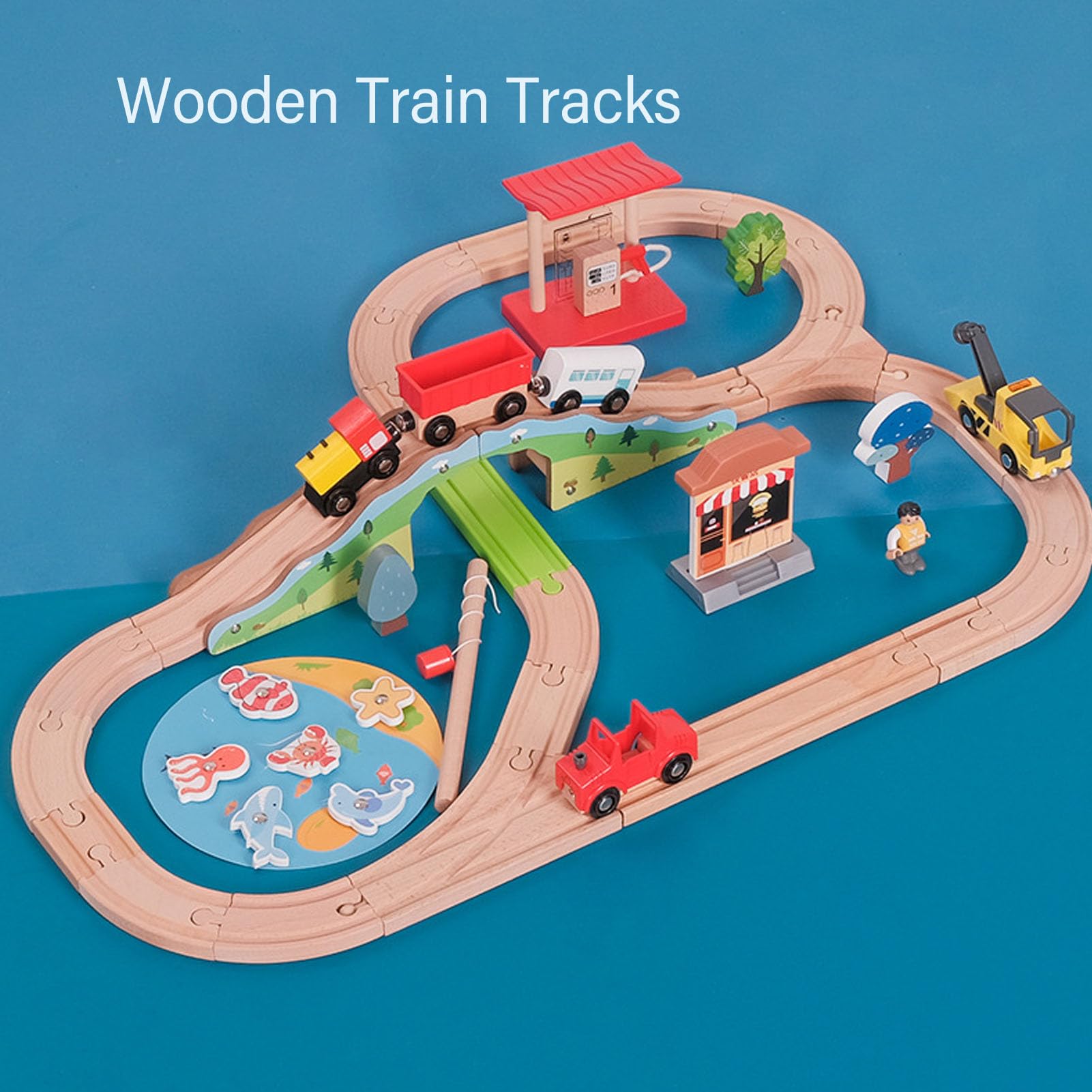 Hidyliu Juego de Vías de Tren de Madera, Juguete Educativo con Temática Urbana para Niños Pequeños de 2 Años en Adelante, Materiales Ecológicos y Seguros, 49 Piezas