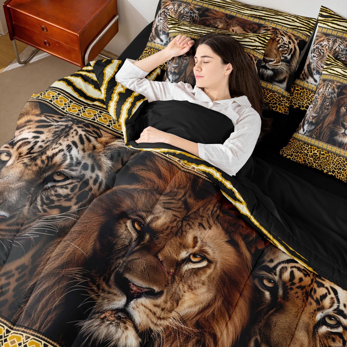 Cheetah Lion Tiger 7 Pieces Bedding Set Full,African Wildlife Animal Safari Bed in a Bag for Young,Boho Yellow Brown Zebra Leopard Fur Stripes Print Comforter Set with Sheets,Pillow Covers