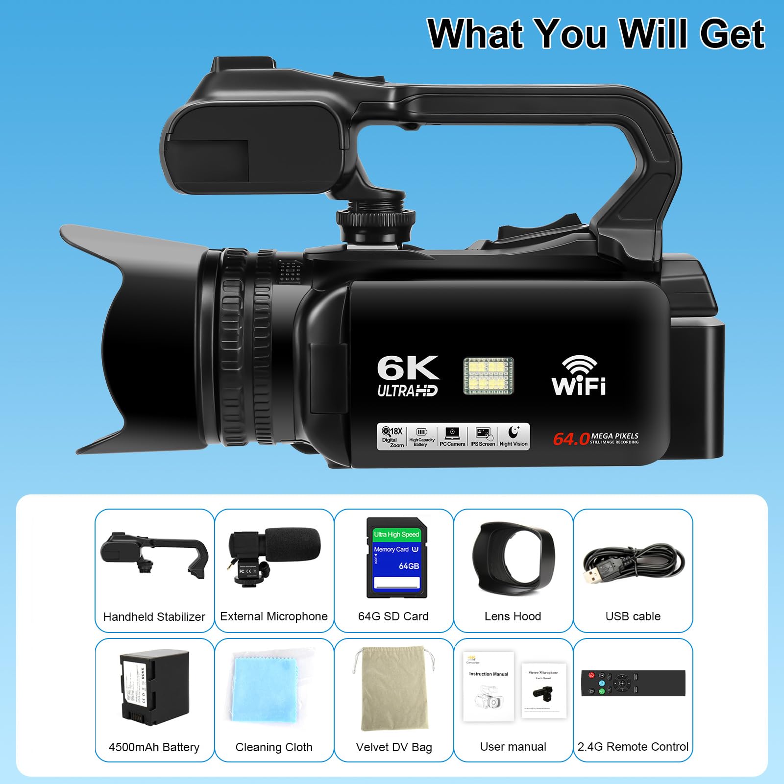 6K 64MP Camcorder Video Camera IR Night Vision Vlogging Camera for YouTube 18X Digital Zoom 4.0" Touch Screen Digital Camera with WiFi, Microphone, Charger, Stabilizer, Remote Control and 64GB SD Card