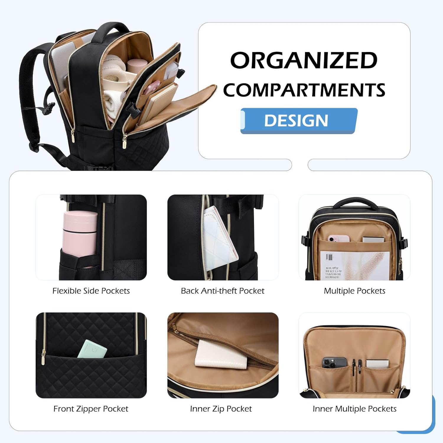 Travel Backpack for Women Men - Large Carry On Luggage Laptop Backpack Lightweight Daypack Waterproof Causal Bookbag Computer Backpack for College,Travel,Work,Fits 15.6Inch, 36L, Black - Image 2