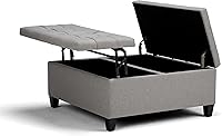 SimpliHome Harrison 36-Inch Dove Grey Lift-Top Storage Ottoman Coffee Table - Upholstered Linen Fabric with Hidden Compartment
