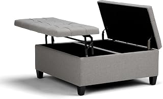 SimpliHome Harrison 36-Inch Dove Grey Lift-Top Storage Ottoman Coffee Table - Upholstered Linen Fabric with Hidden Compartment