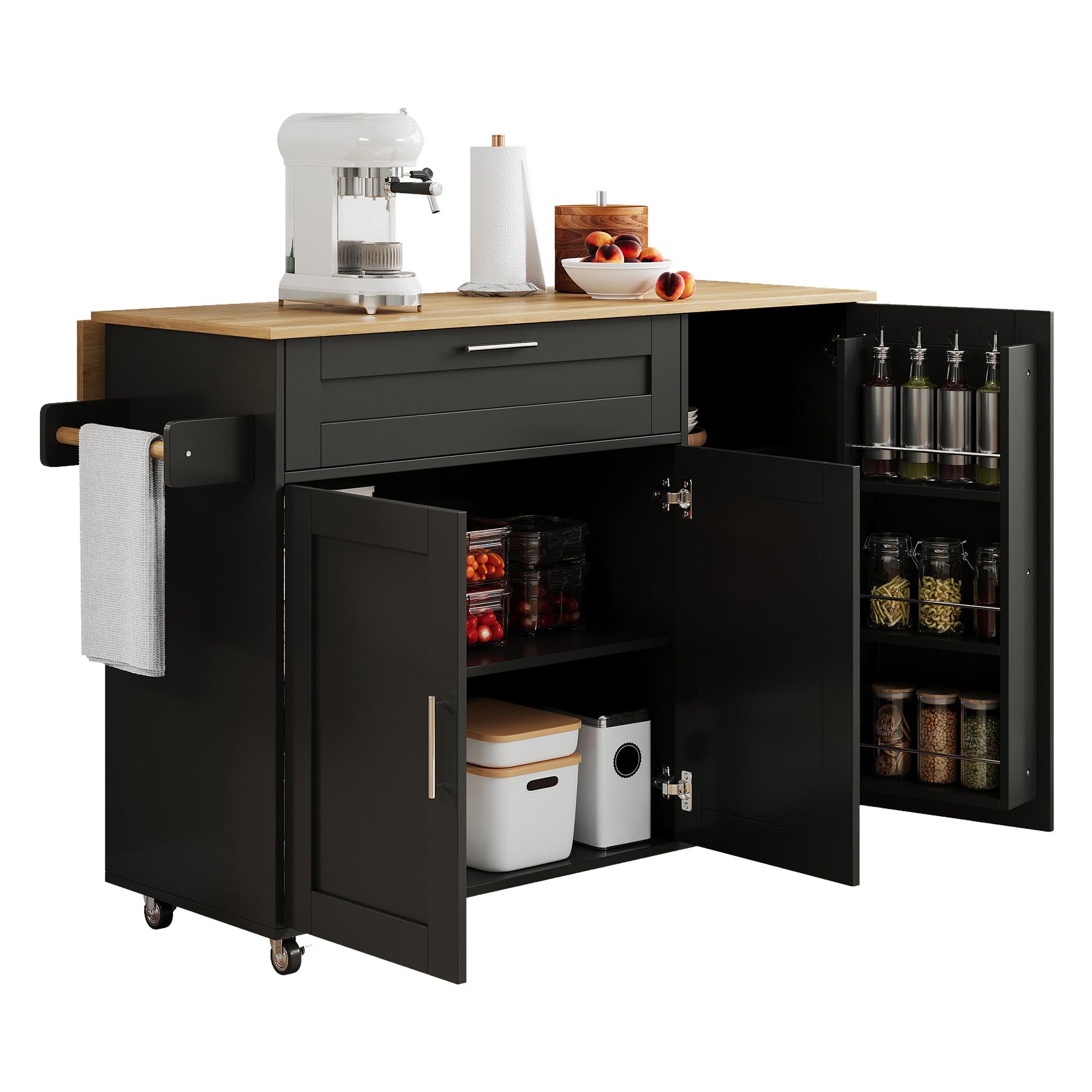 BTM Kitchen Island On Wheels Rolling Storage Trolley with Worktop Multifunctional Cabinet Kitchen Storage With Drawers, Spice Rack, Black