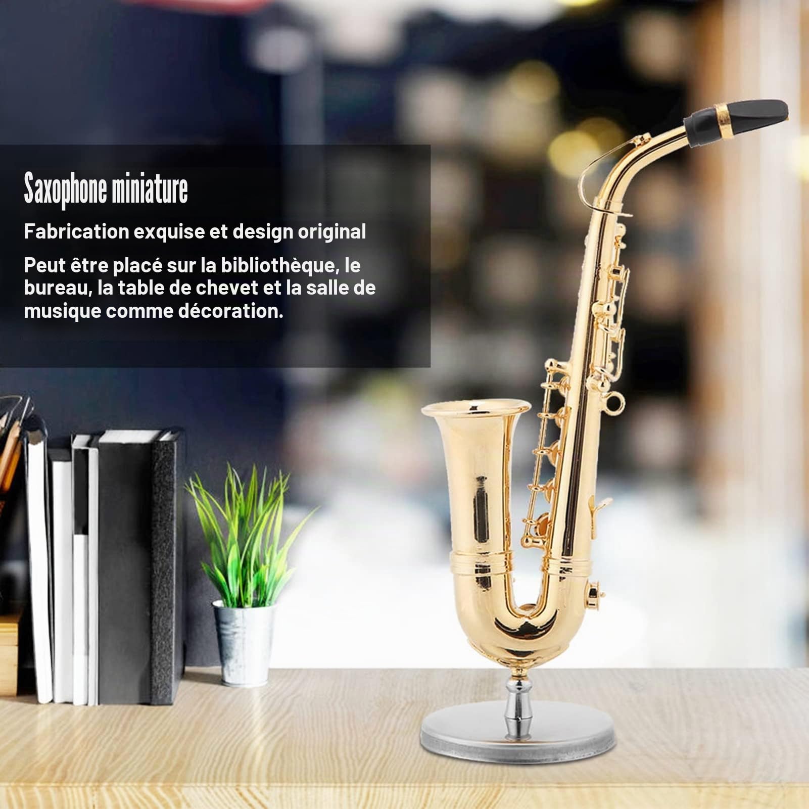 Saxophone Alto Miniature Plaqué Or en Laiton - Modèle d'Instrument de Musique Haute Qualité avec Support et Étui, Parfait Cadeau de Diplôme pour Amateurs de Jazz et Décoration Bureau Maison
