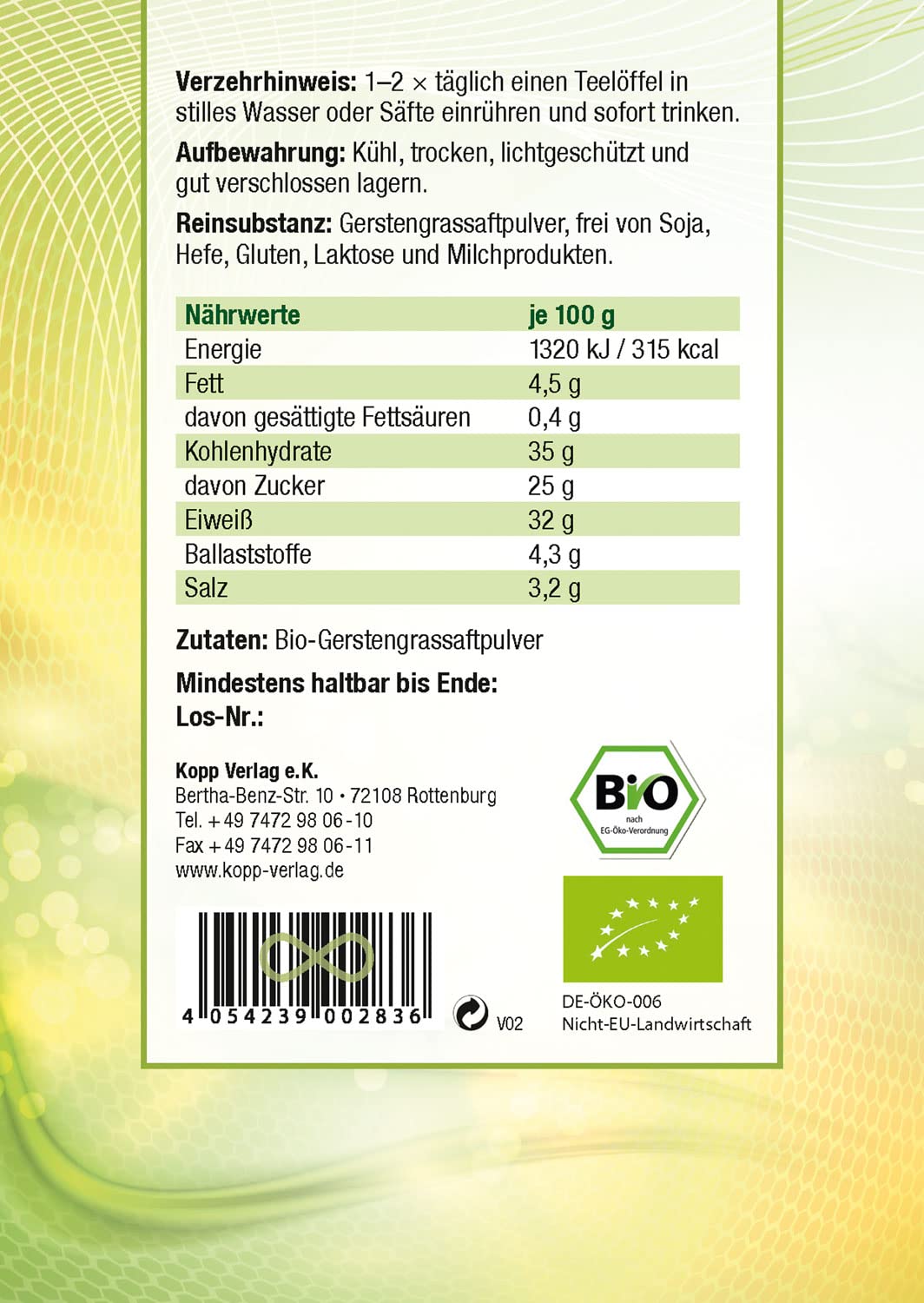 KOPP Vital® Bio-Gerstengrassaftpulver | 500 g | Bio-zertifiziert | Vegan | ohne Gentechnik | Laktosefrei | Höchste Qualität