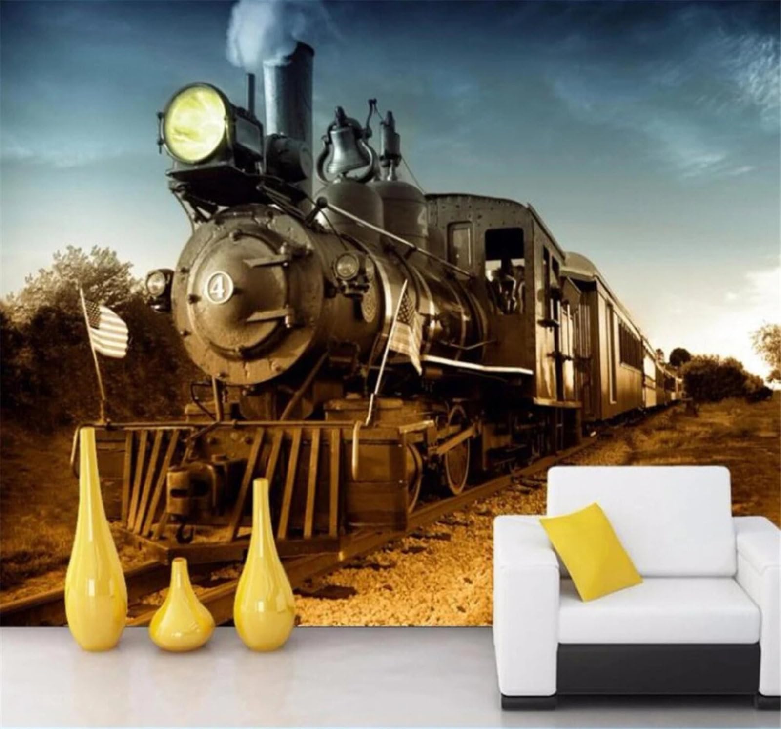 Xlming 400Cm×280Cm(B×H) Three Dimensional Retro Nostalgic Steam Train Art 3D Wallpaper Luxury Silk Study Dining Feature Sofa Grey Bedroom Living Room Tv Decorative Wall-400Cm×280Cm