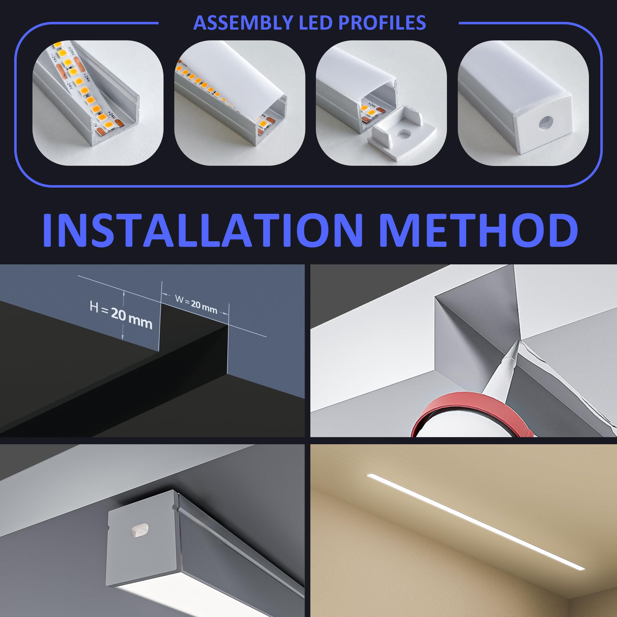 22 profili in alluminio per nastro LED 2 metri La guida del diffusore di luce, profilo LED incassato, dimensioni 20 x 20 mm, larghezza massima banda 15 mm, con coperchio in PC bianco