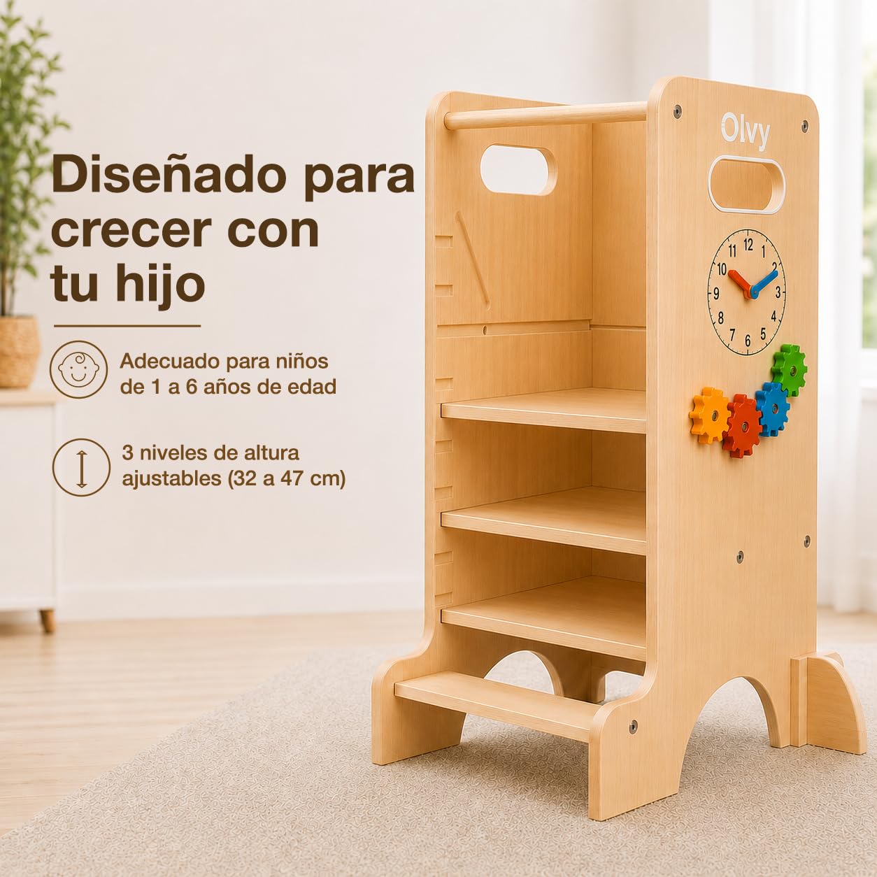 Olvy Torre de Aprendizaje 4 en 1 para Niños con Base Reforzada Cross-Brace, Tobogán con Ranura en Ángulo Recto, Pasamanos sin Clavos Visibles, Pizarra y Panel Montessori de Madera