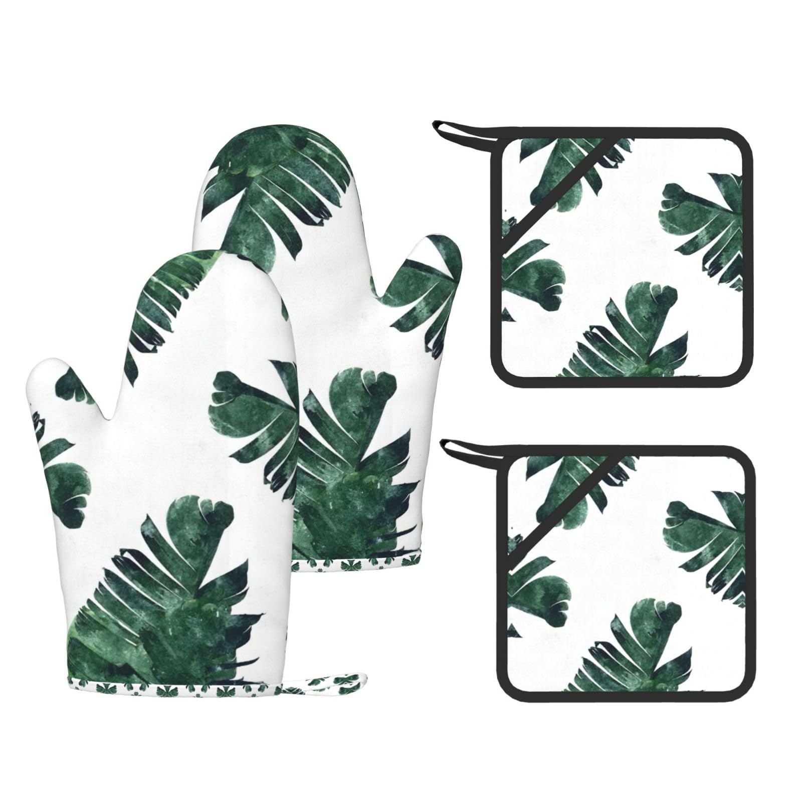 Eeprty Black Palm Leaves Printed Kitchen Oven Gloves And Potholder 4 Pcs, Non-Slip Heat Resistant Mitts For Baking Chef