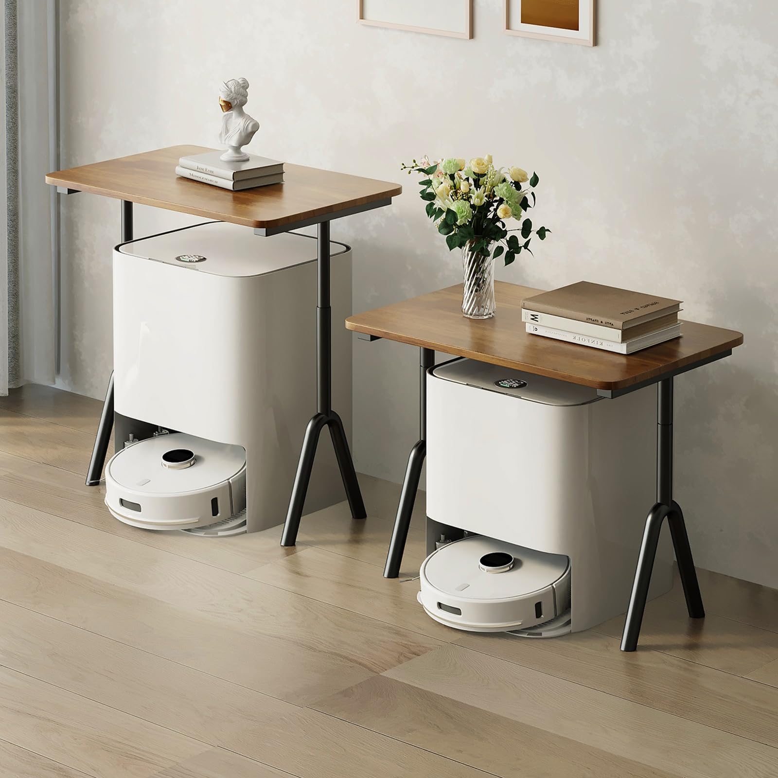 Roboter-Staubsauger-Aufbewahrungsschrank, multifunktionaler Organizer mit Holzplatte und Stahlrahmen, Sweeping Display Regal für effiziente Platzersparnis und Wasserwechsel