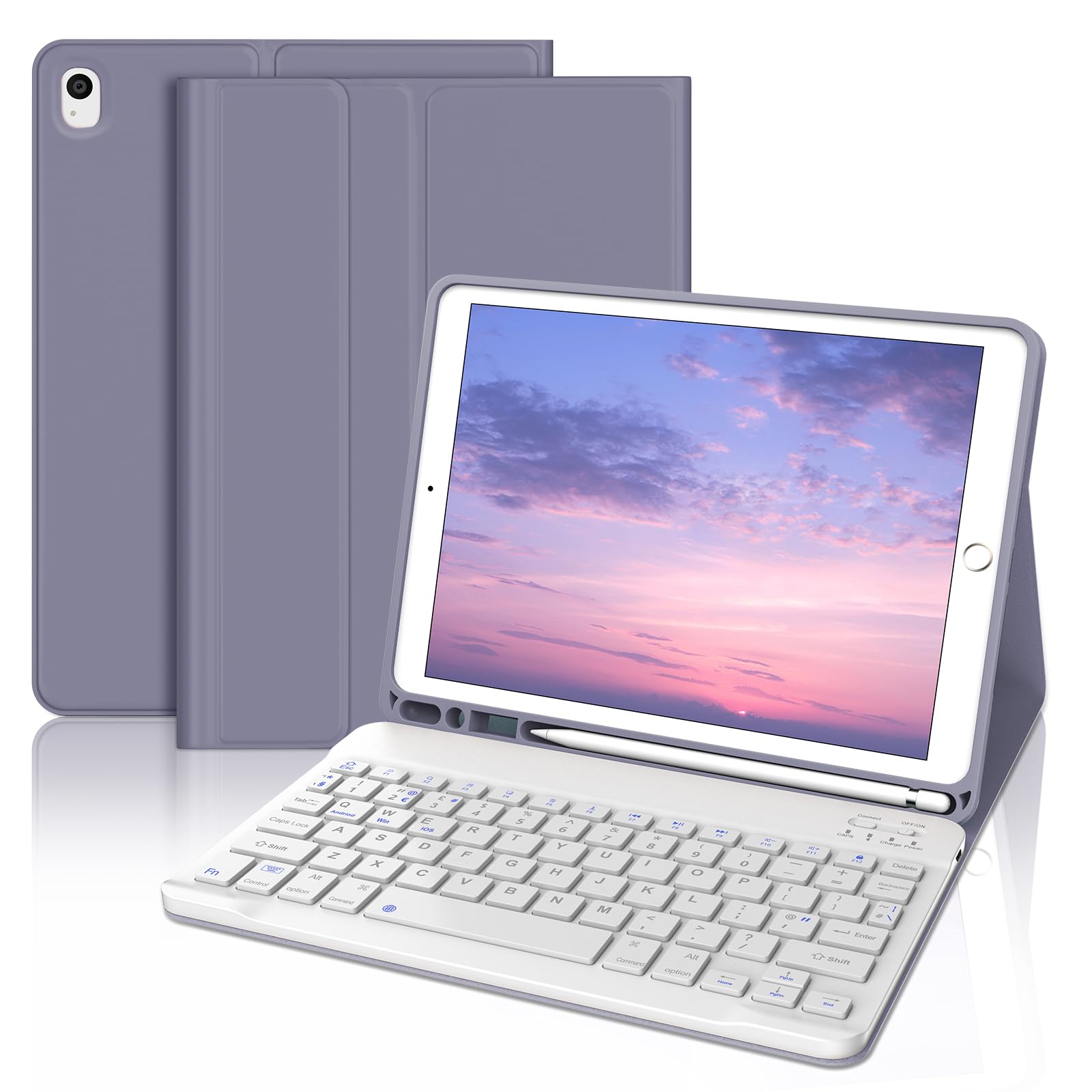 Funda con Teclado para iPad 9a Generación 10.2", Teclado Bluetooth Desmontable con Funda y Portalápices para iPad 9a Gen 2021/8a Gen 2020/7a Gen 2019/iPad Pro 10.5 2017 y iPad Air 3 2019, Púrpura