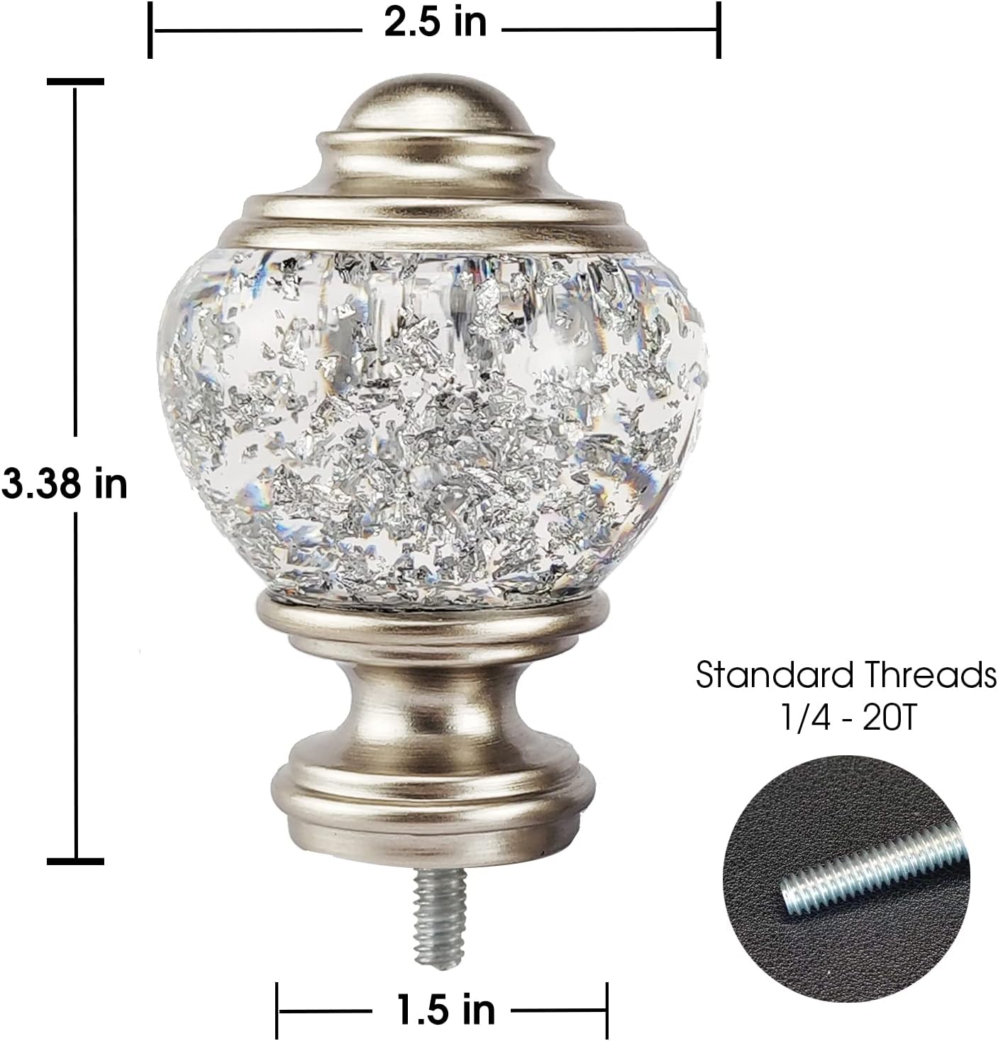 Decorative Curtain Rod Finials, Polyresin Round Silver Foiled Clear Finials, Set of 2, Compatible with 1 inch or 1-1/8 inch Dia Curtain Rod, Standalone Finial Pair