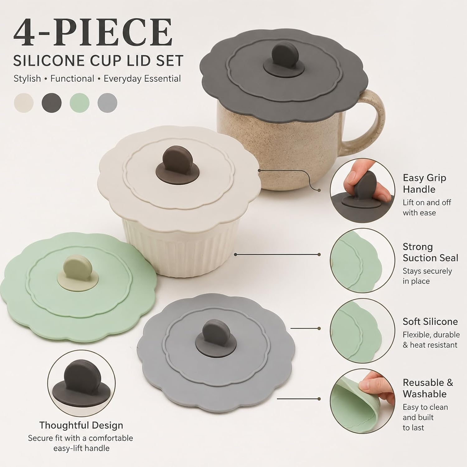 4 PCS Silicone Cup Covers with Straw Hole, Mug Lids for Drinks Anti-dust