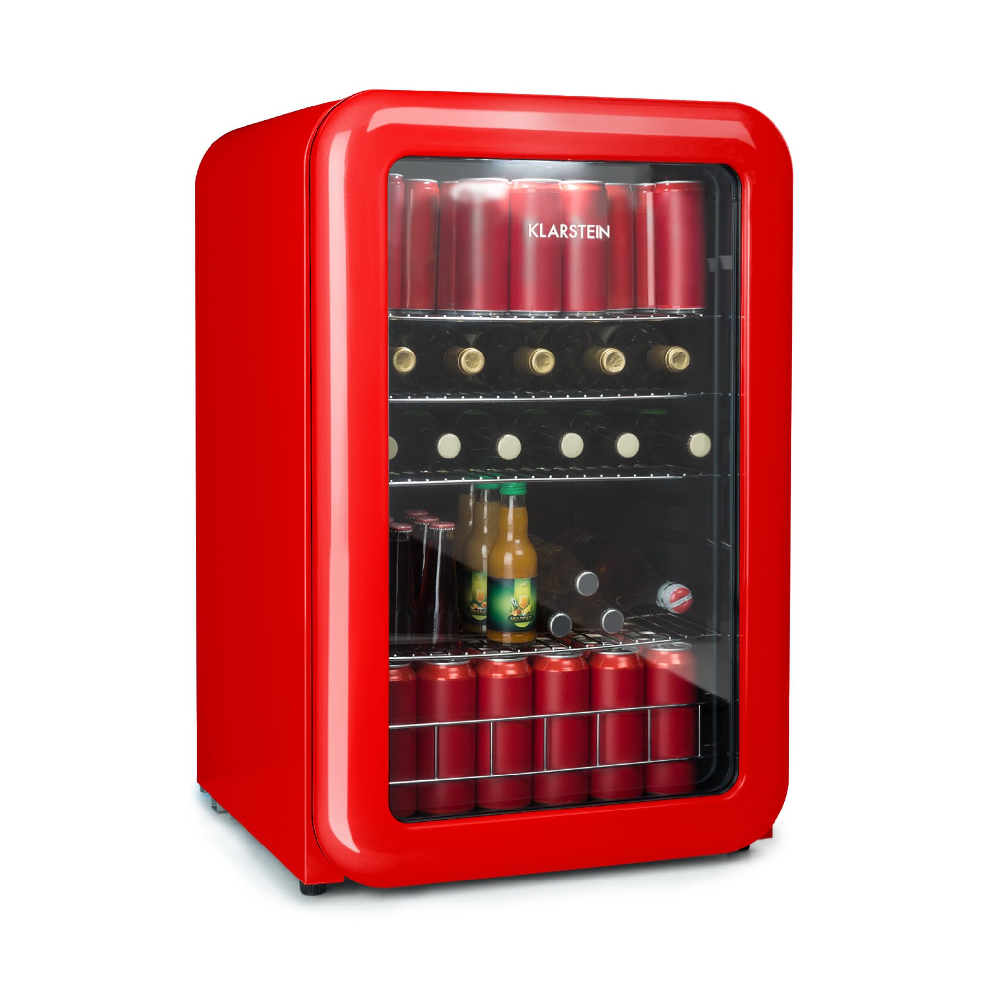 Klarstein PopLife Chłodziarka na napoje - Minibar, Lodówka retro, 0-10 °C, tylko 39 dB, 115 L, przyjazna dla środowiska, Drzwi z podwójną szybą, Design retro, czerwona