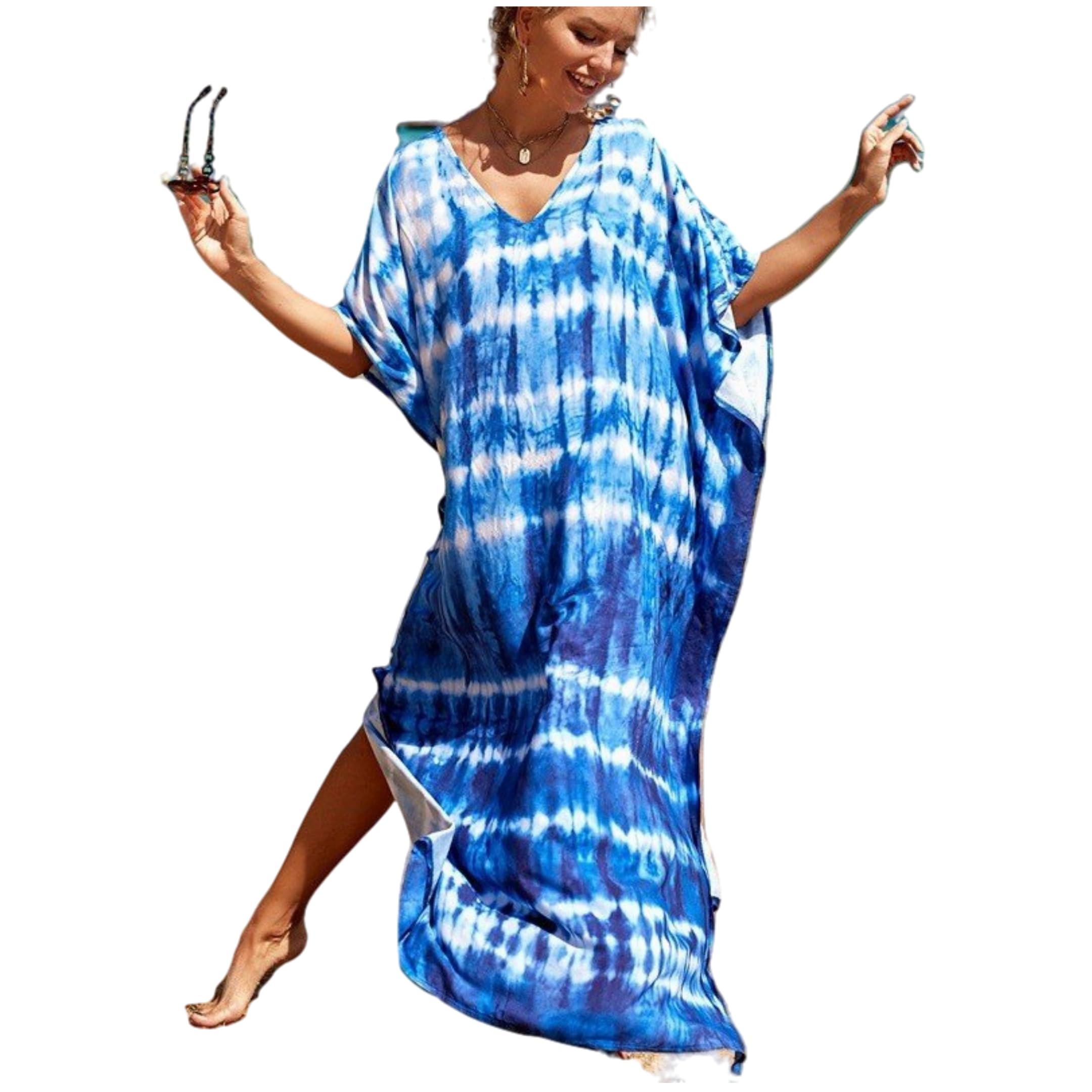 GenericSo Seductive Kaftans Beach Dress Tie Dye Printed Bikini Cover Ups for Swimwear Women Bohemian Bathing Suits